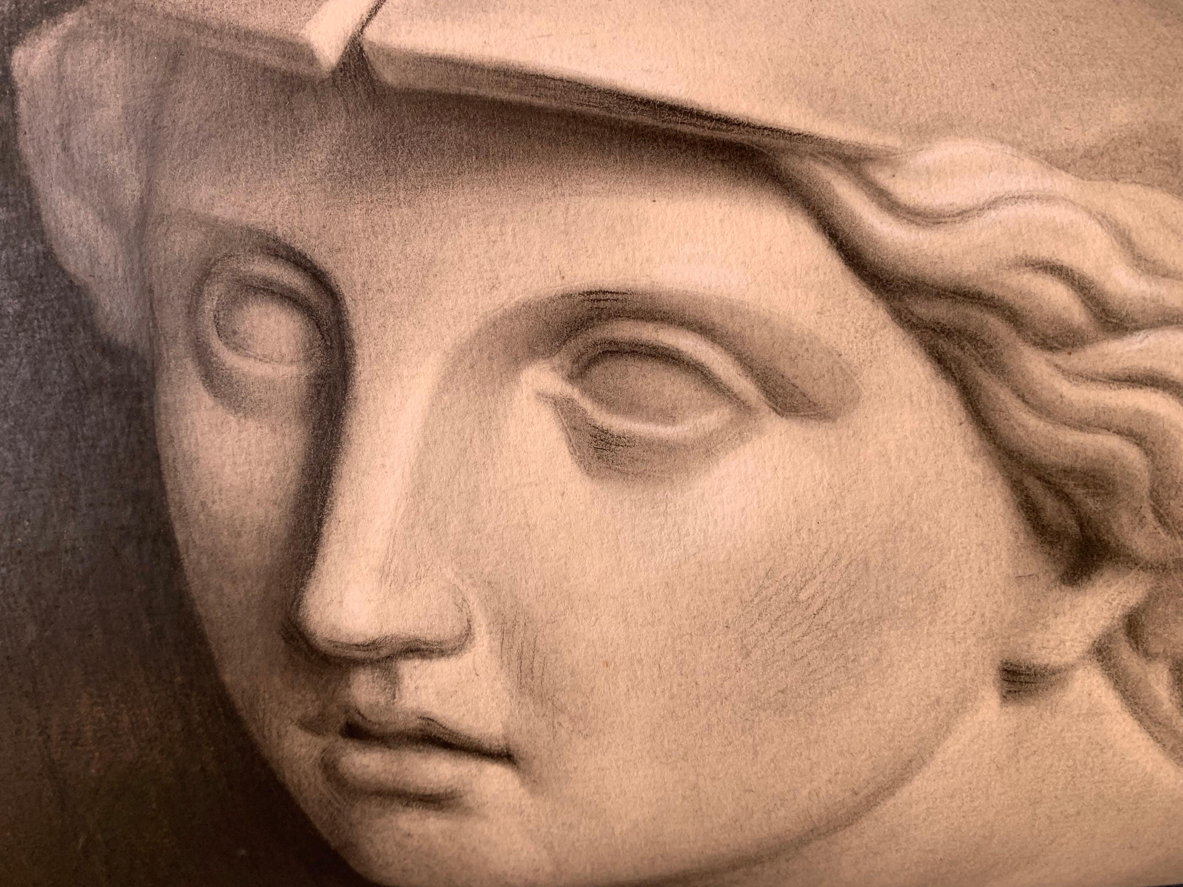 Dibujo académico del siglo XIX: Estudio al carboncillo del busto de Palas Atenea 6