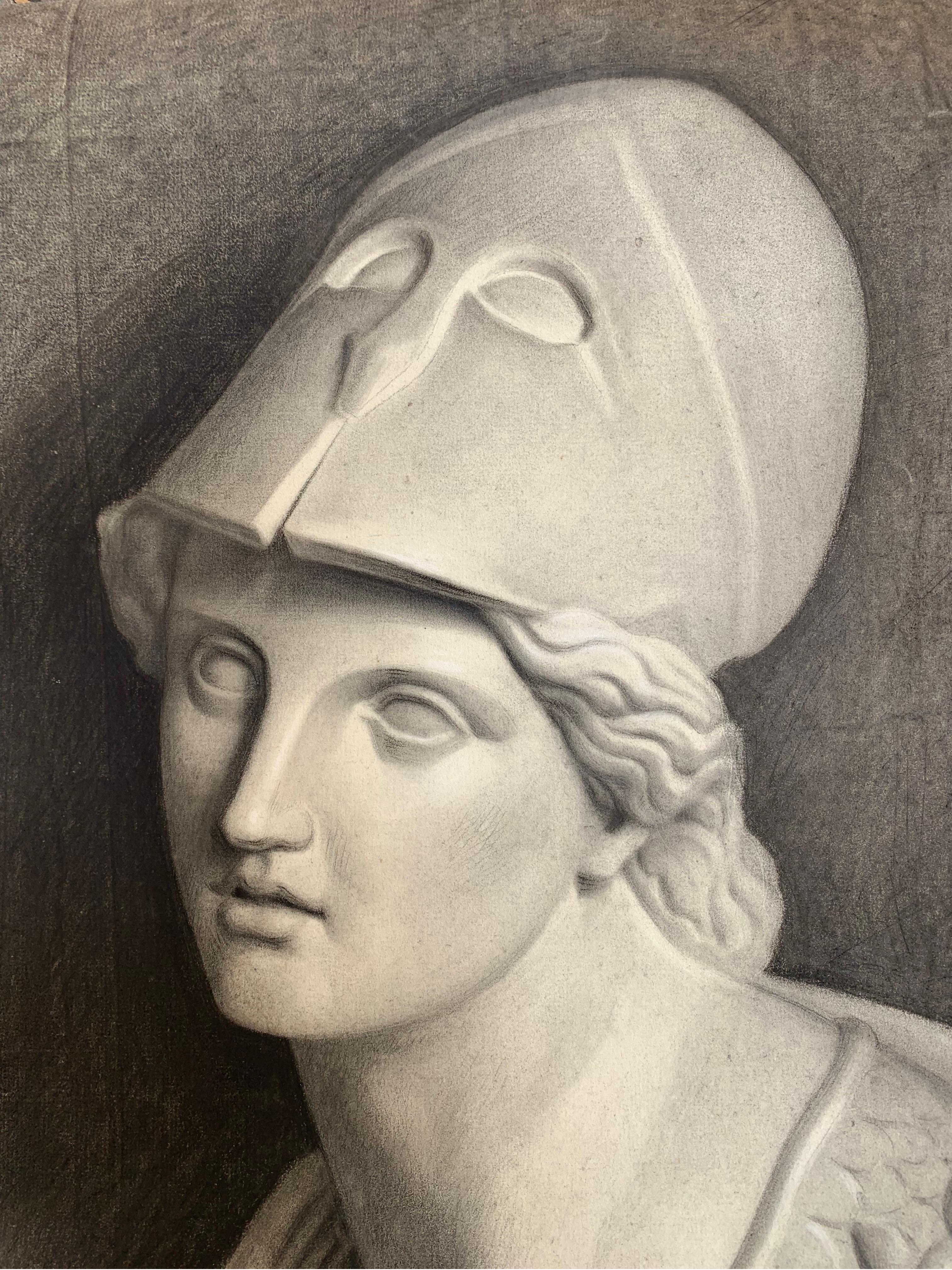 Dibujo académico del siglo XIX: Estudio al carboncillo del busto de Palas Atenea - Art Académico de Unknown