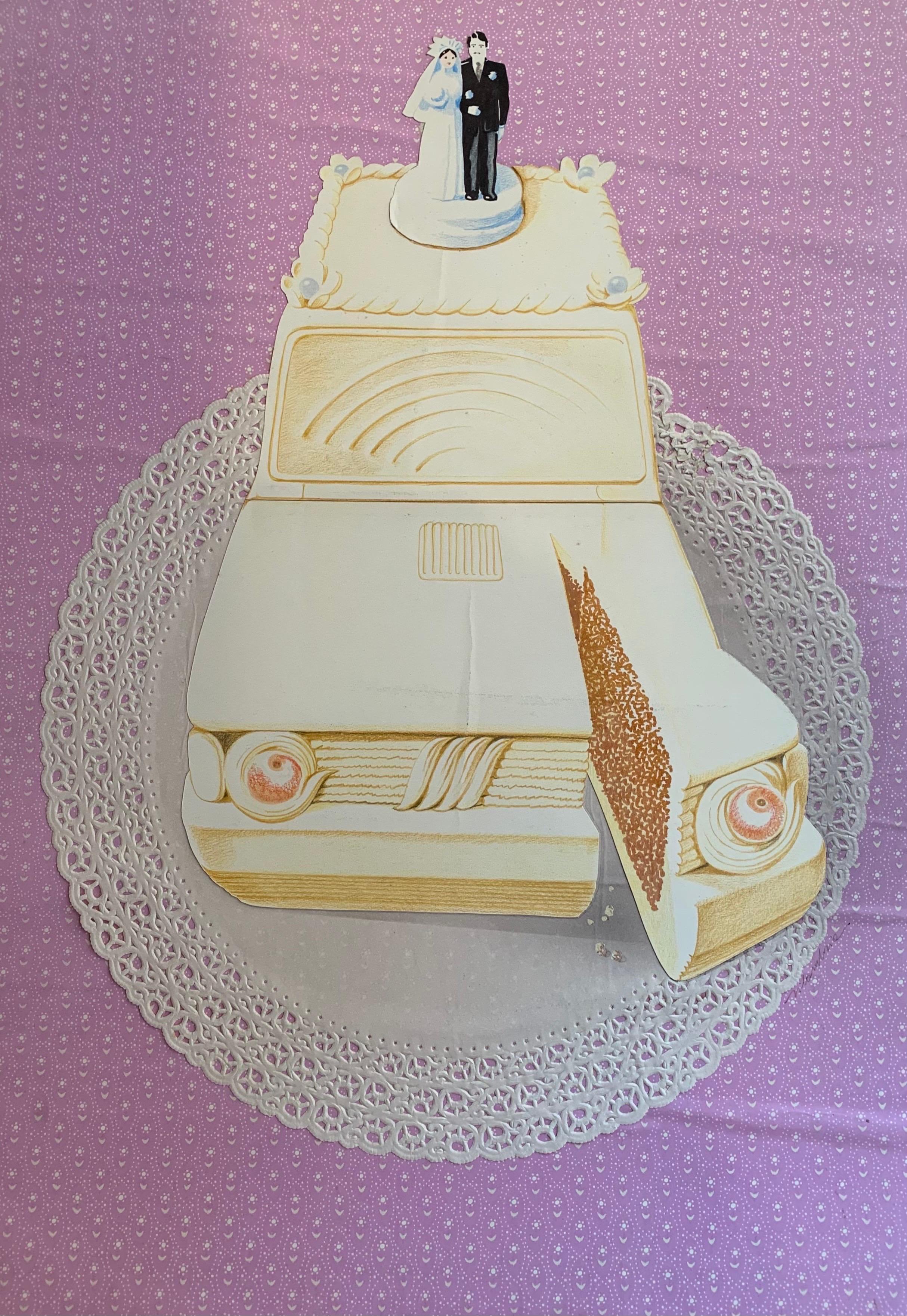 
Fiat Wedding Cake Car: Irony and Provocation in Marco Silombria's Pop Art.
Circa 1970

Artist: Marco Silombria
Technique: Mixed media drawing and collage on paper and cardboard
Dimensions: 70 cm x 50 cm
Condition: Good condition
Provenance: This