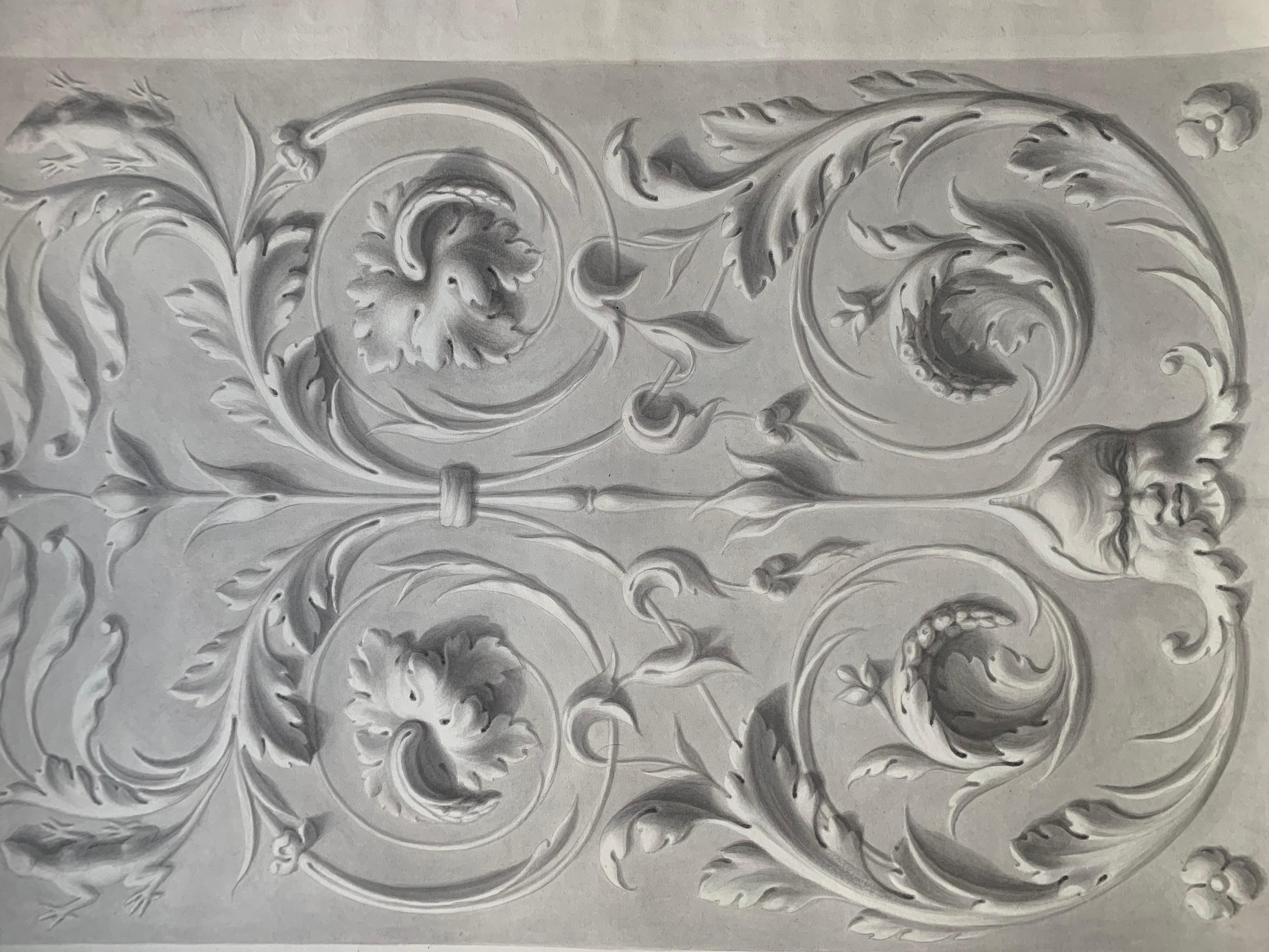 Akademische Studie mit grotesken Figuren und Mascaron-Gesicht. Signiert und datiert 1865. 1