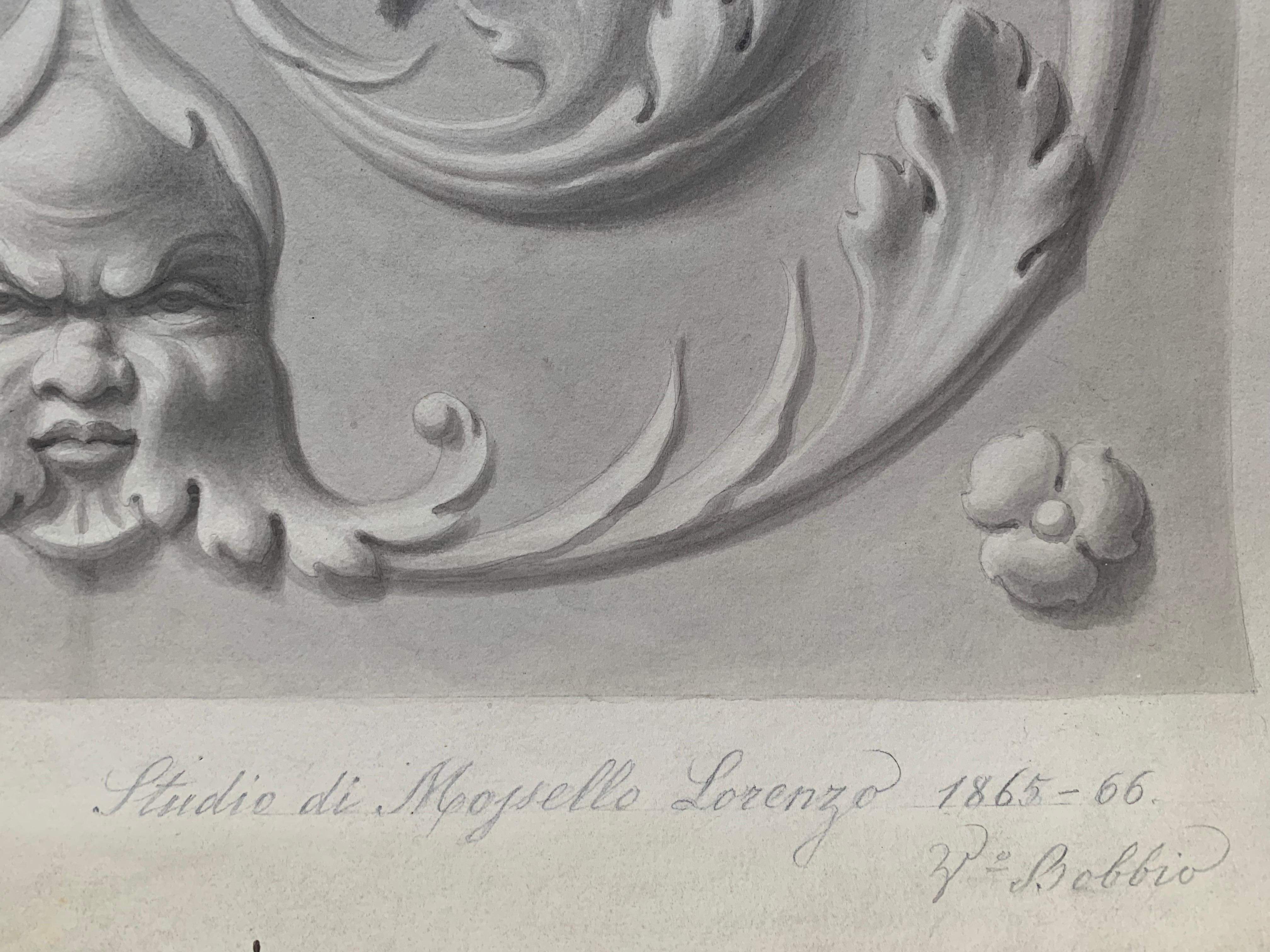 Akademische Studie mit grotesken Figuren und Mascaron-Gesicht. Signiert und datiert 1865. 4