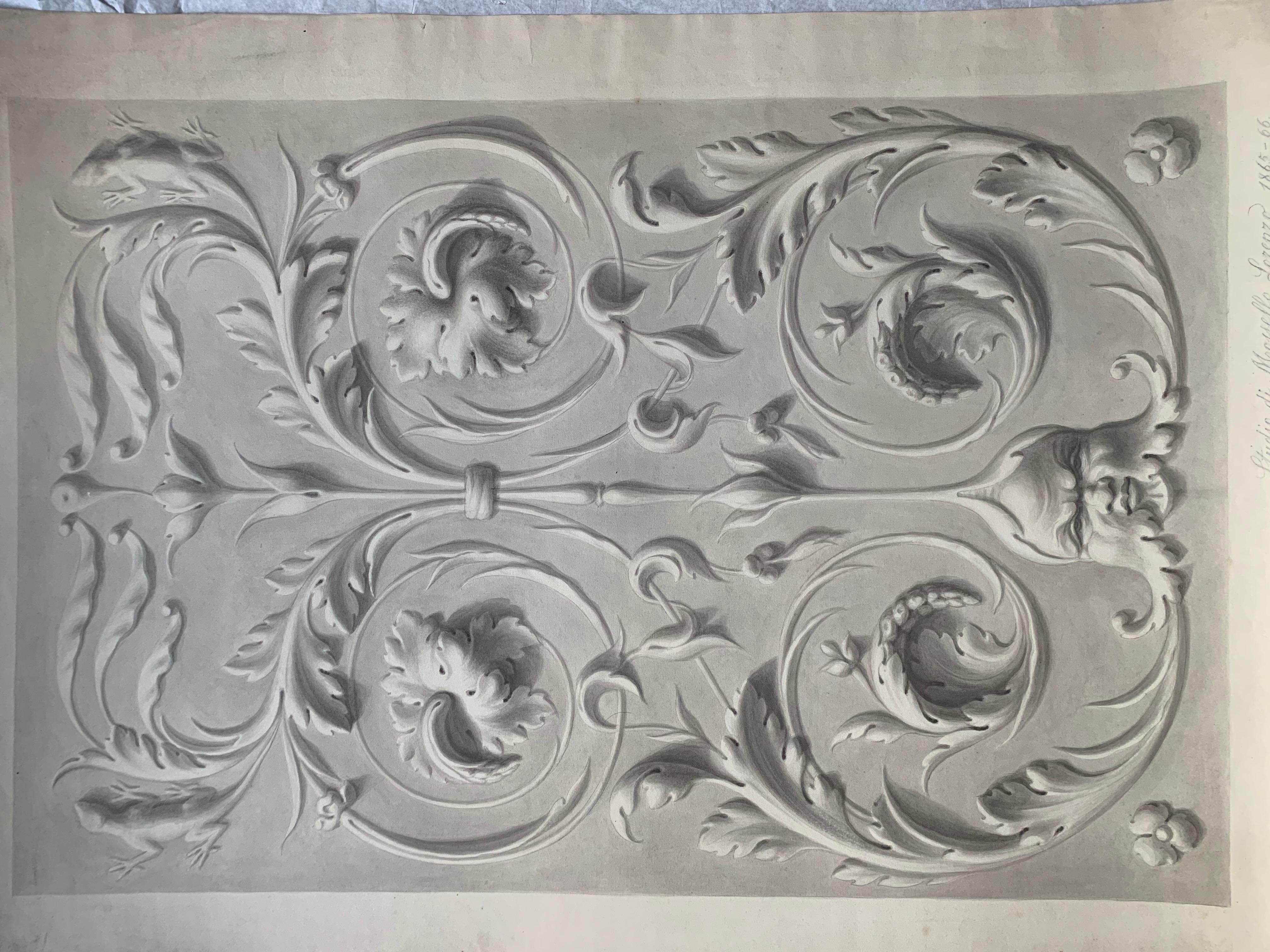 Akademische Studie mit grotesken Figuren und Mascaron-Gesicht. Signiert und datiert 1865. 5