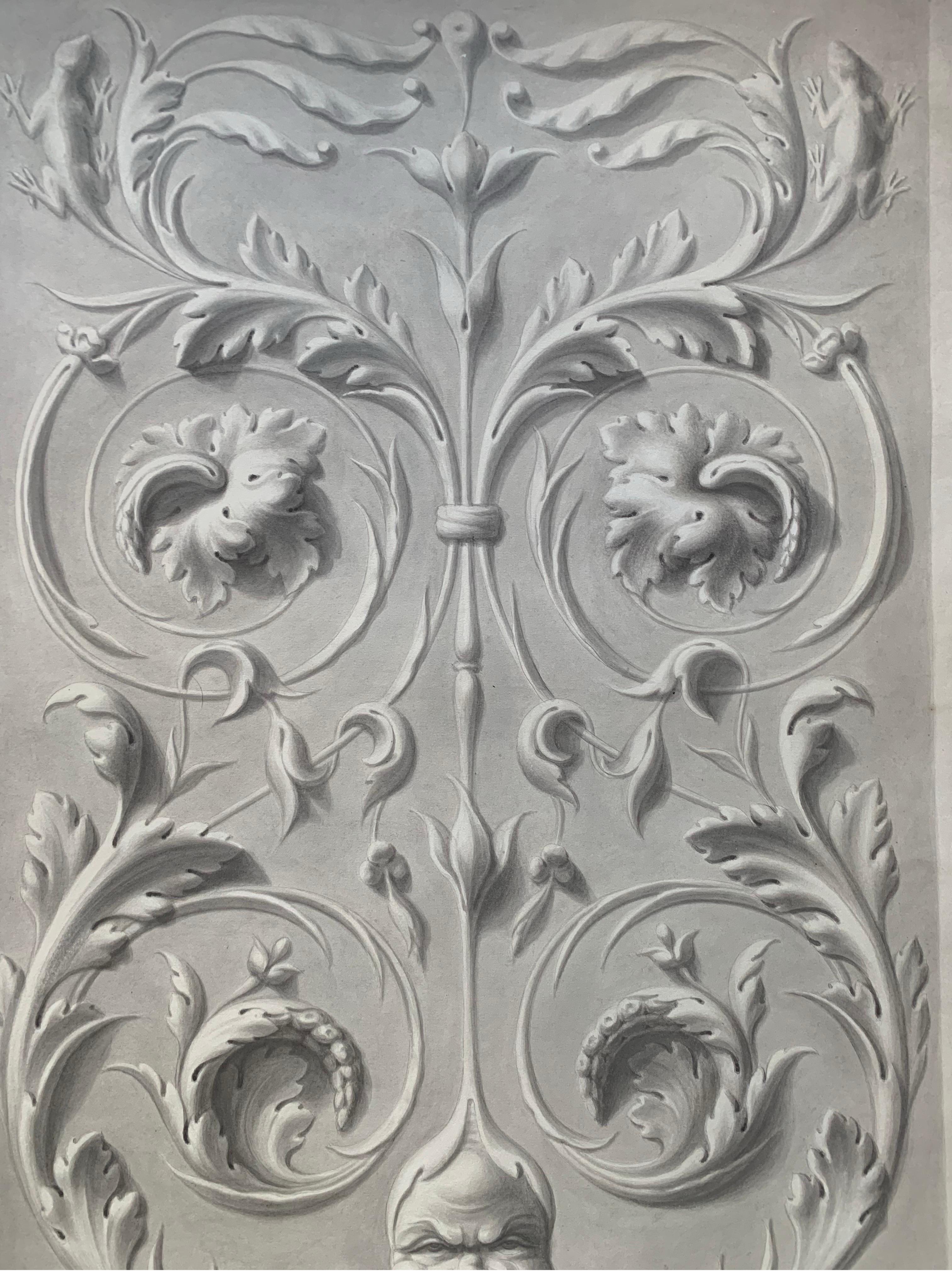 Akademische Studie mit grotesken Figuren und Mascaron-Gesicht. Signiert und datiert 1865. (Grau), Interior Art, von Unknown