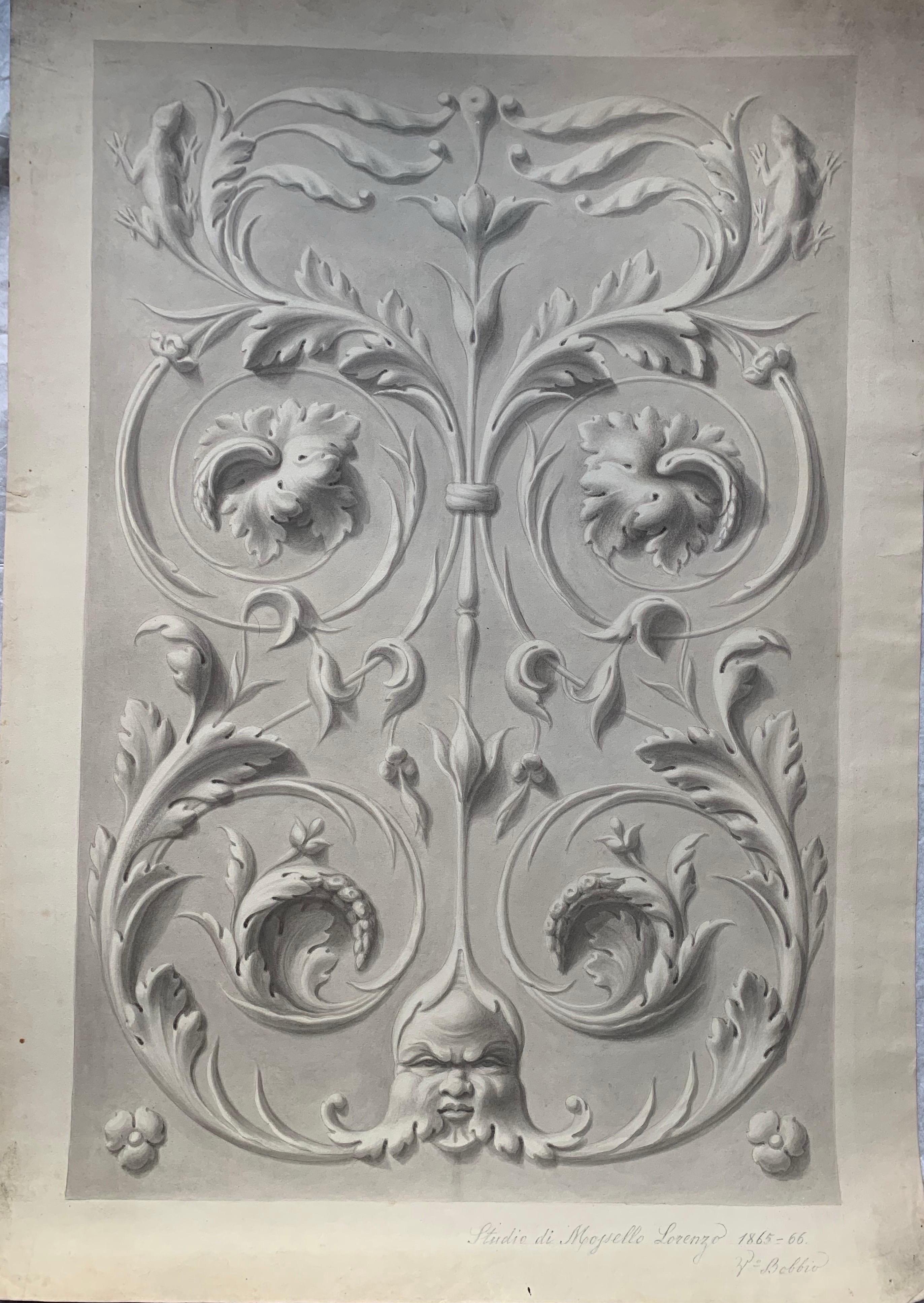 Akademische Studie mit grotesken Figuren und Mascaron-Gesicht. Signiert und datiert 1865. – Art von Unknown