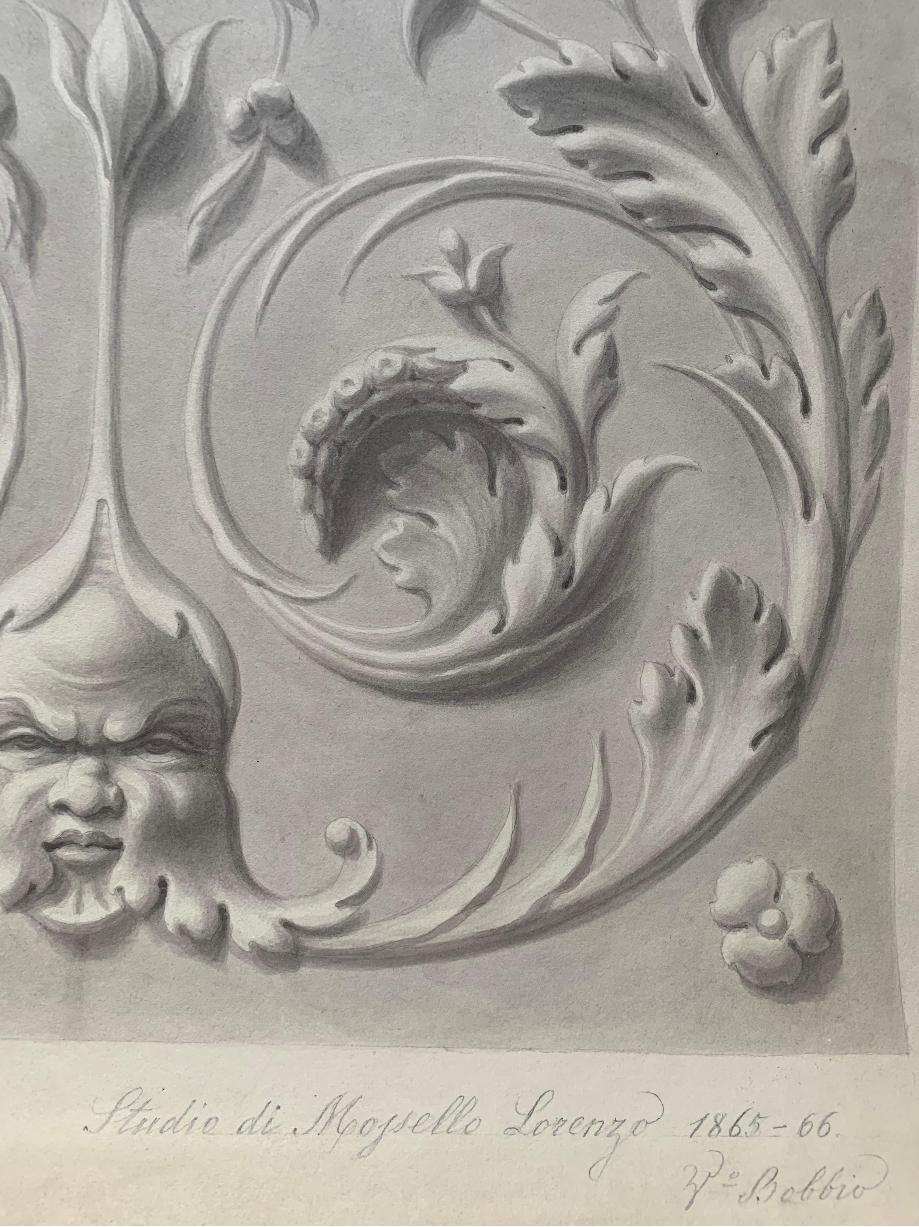 Akademische Studie mit grotesken Figuren und Mascaron-Gesicht. 
Signiert Mossello Lorenzo und datiert 1865-1866. Die Klassen von Bobbio.
Zeichenkohle auf Papier.
Abmessungen: 75cm x 54cm

Diese Zeichnung aus dem Jahr 1864 ist eine akademische Studie