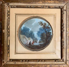 Gouache monogrammée LM, datée de 1784 : Paysage avec cascade et pêcheur