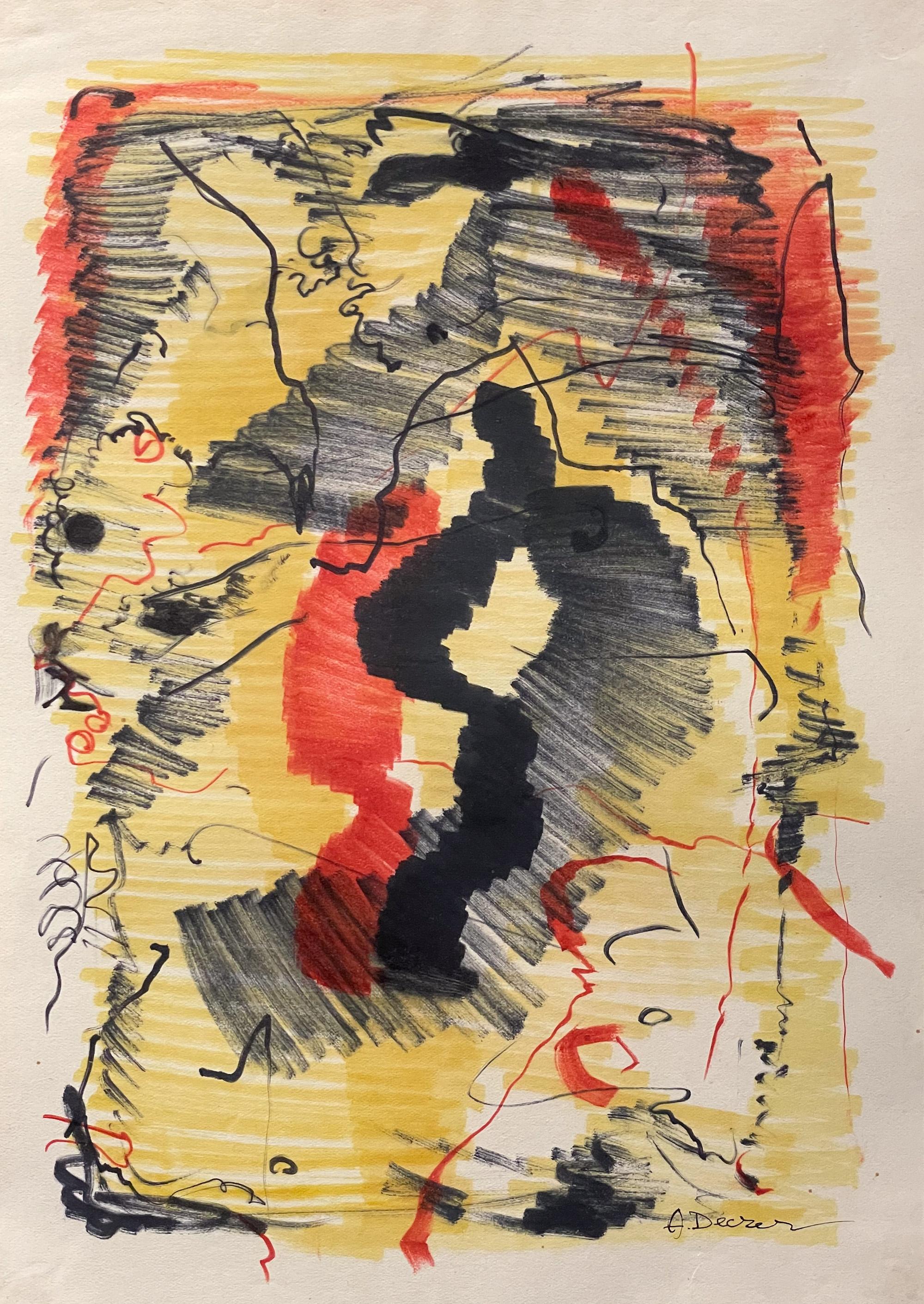 Abstract Drawing di Anja Decker  - Anja Decker, Abstract Informal Painting on Paper, Munich, Late 1950s