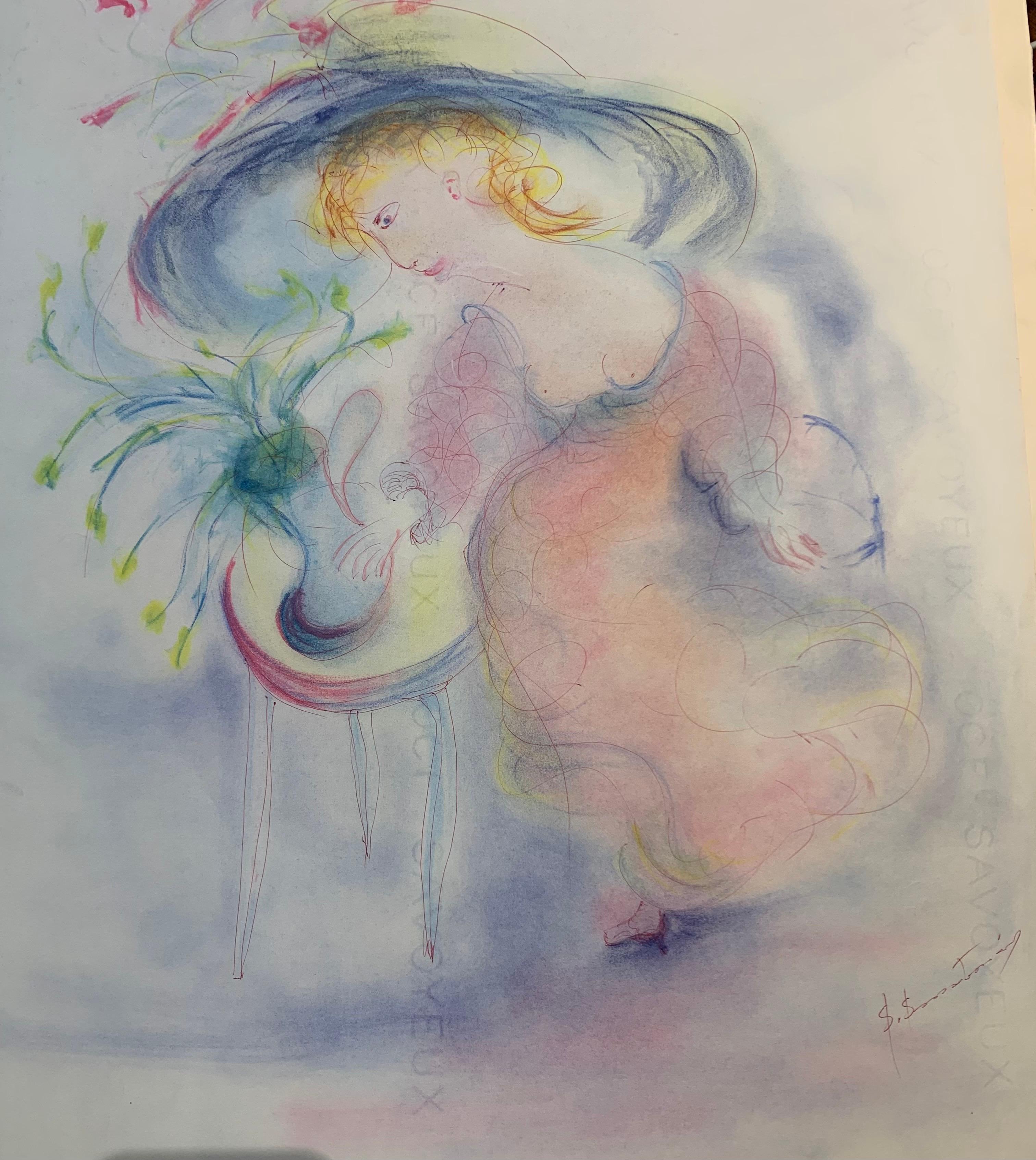Antonio Monasterio - Mujer con sombrero grande y mesa con jarrón. Nº 2 en venta 3