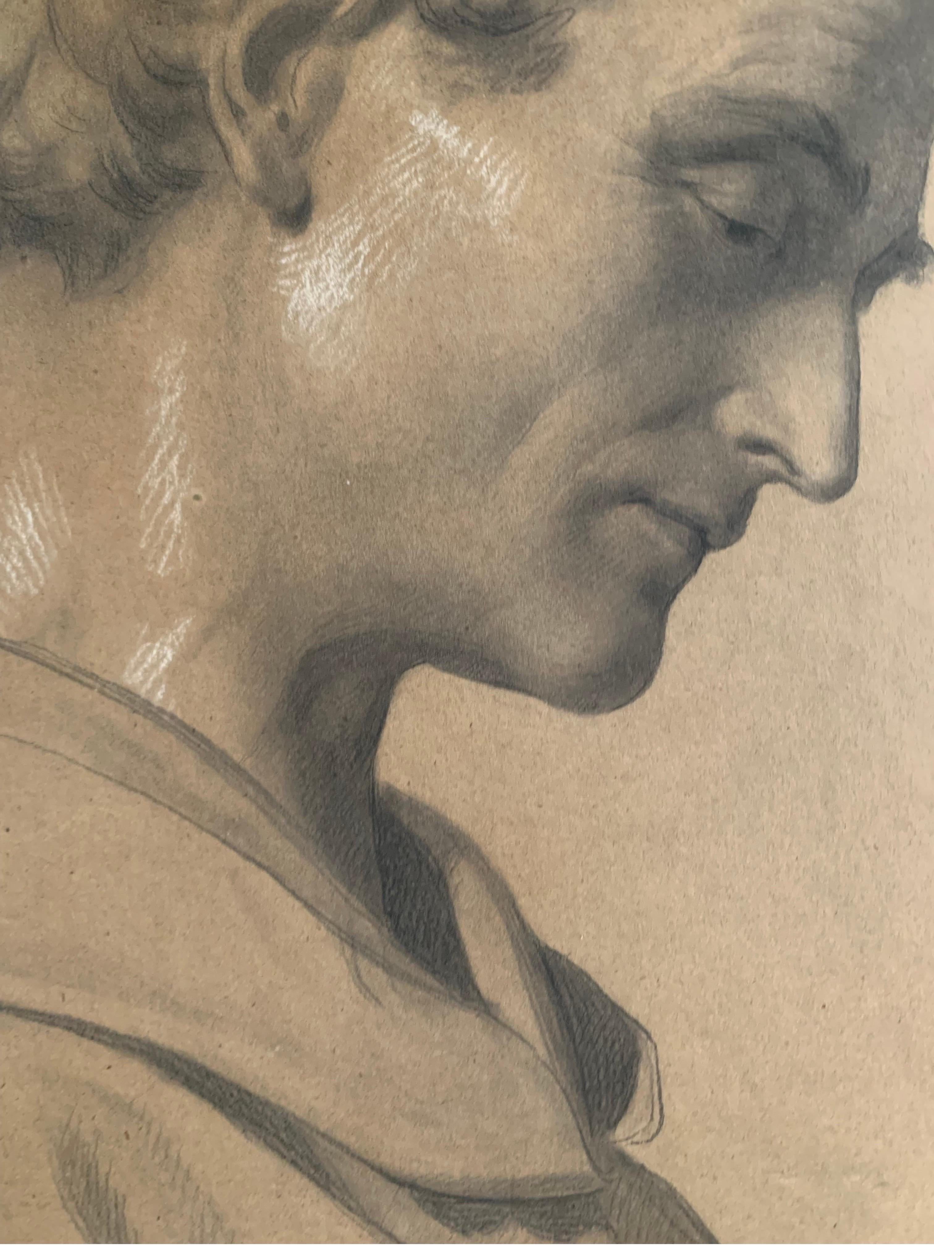 Estudio para la cabeza de un monje
Atribuido a Enrico Reffo
Carboncillo y tiza blanca sobre papel ocre
Tamaño: 39 x 32 cm
Italia, finales del siglo XIX - principios del XX

Este dibujo pertenece al mismo grupo de estudios procedentes del taller