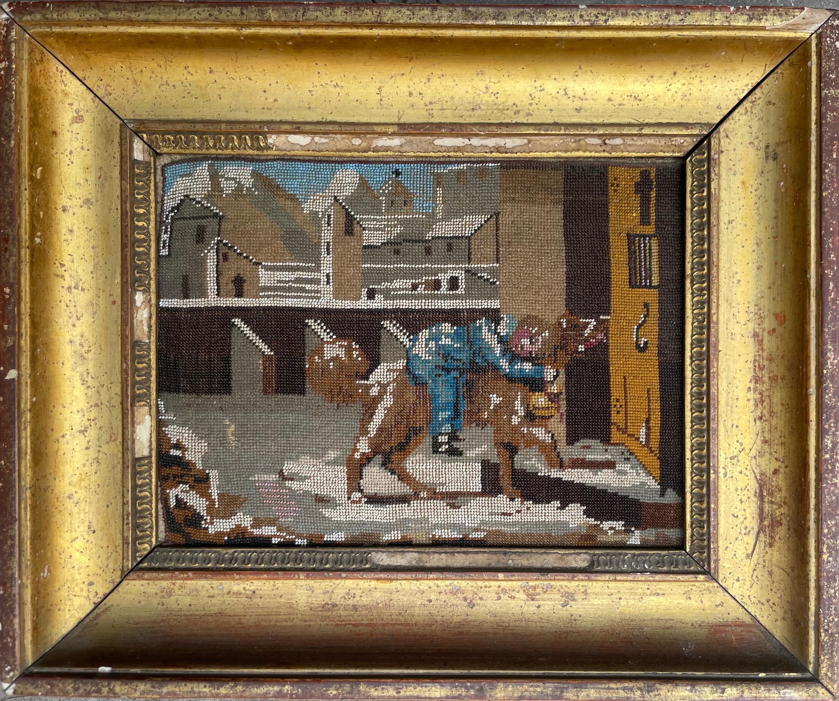 Saint Bernard récupérant un enfant dans la neige Travail de perles. Broderie. XIXe siècle - Victorien Art par Unknown