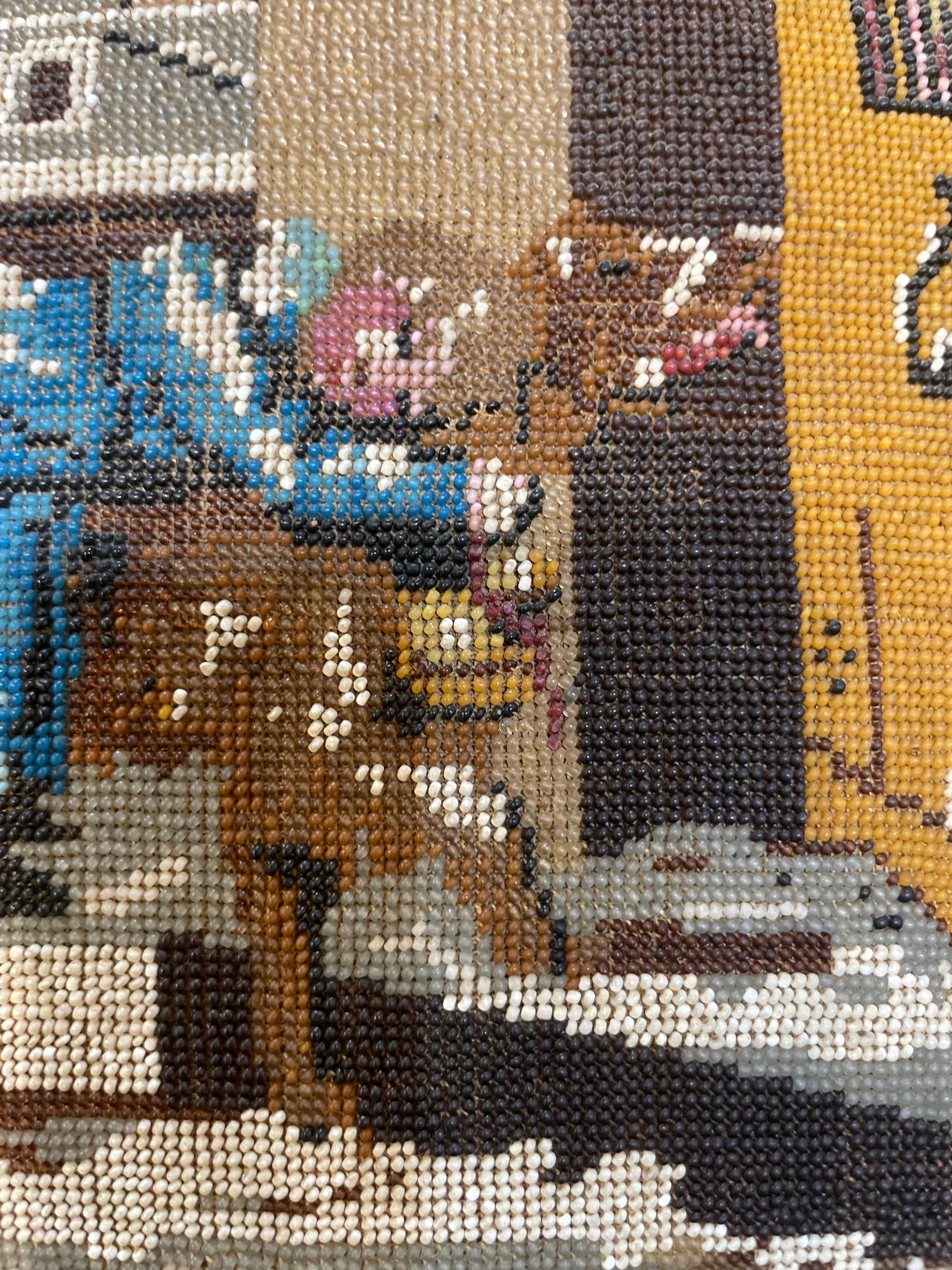 Saint Bernard sauvant un enfant dans la neige - Broderie perlée, 19e siècle, inspirée par Barry, le chien légendaire de l'Hospice du Grand-Saint-Bernard 

Technique : broderie avec des perles de verre polychromes cousues sur toile
Taille : 27 cm x
