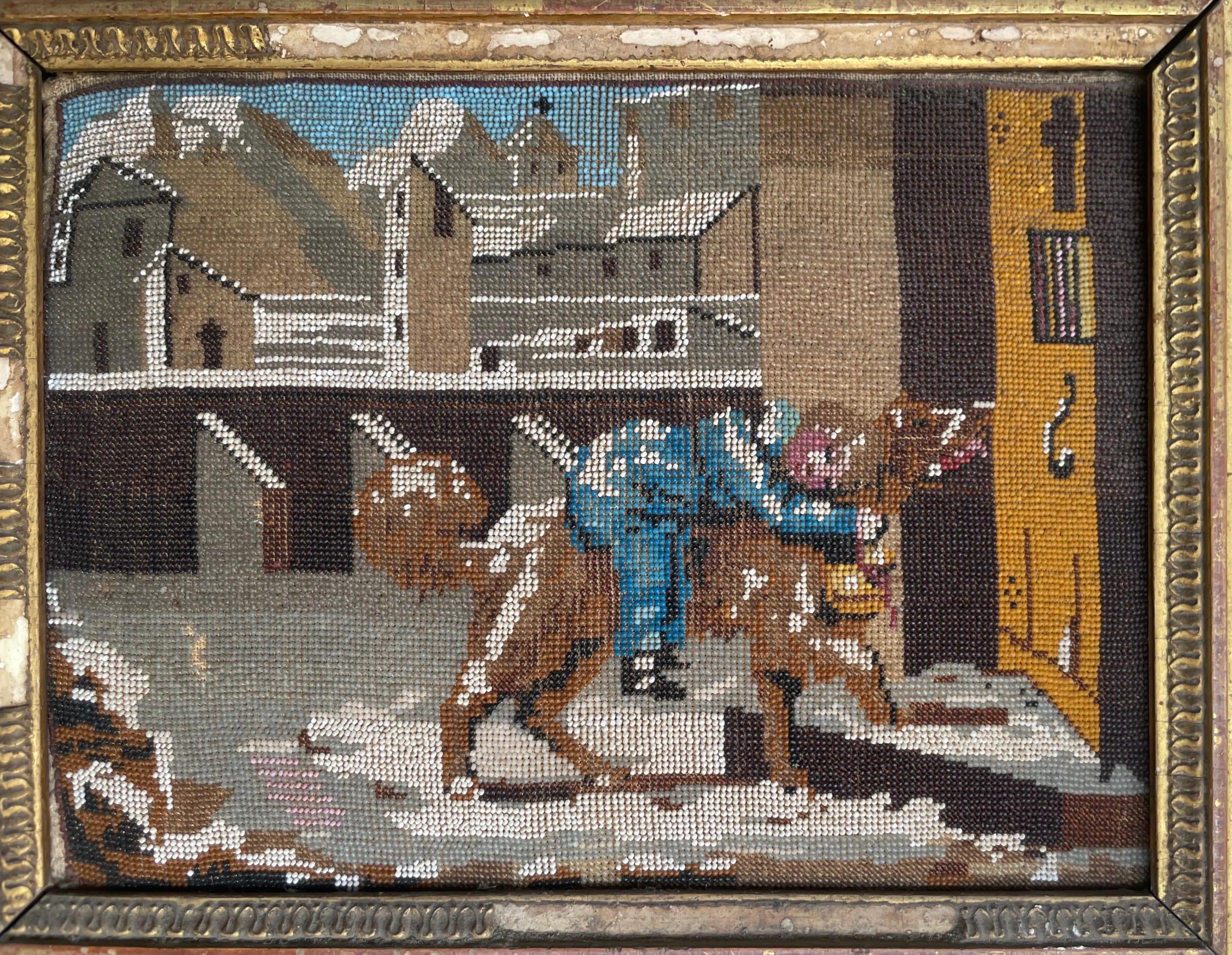 Saint Bernard récupérant un enfant dans la neige Travail de perles. Broderie. XIXe siècle en vente 4