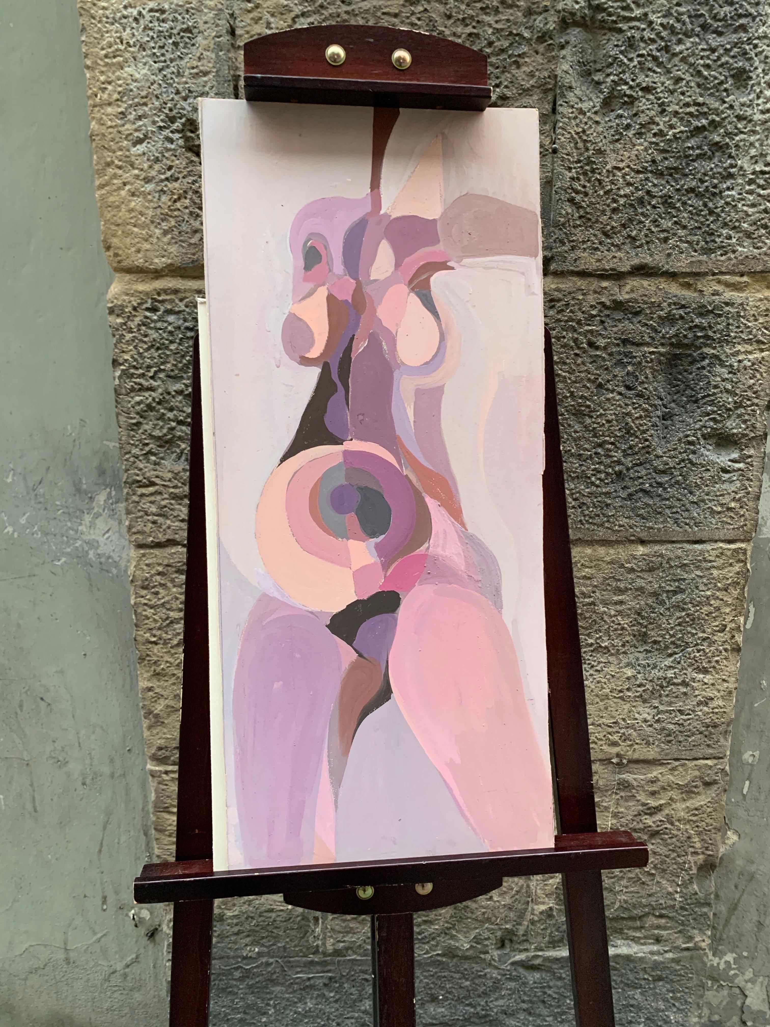 Geometrischer weiblicher Akt in Rosa und Mauve - um 1970 – Painting von Unknown