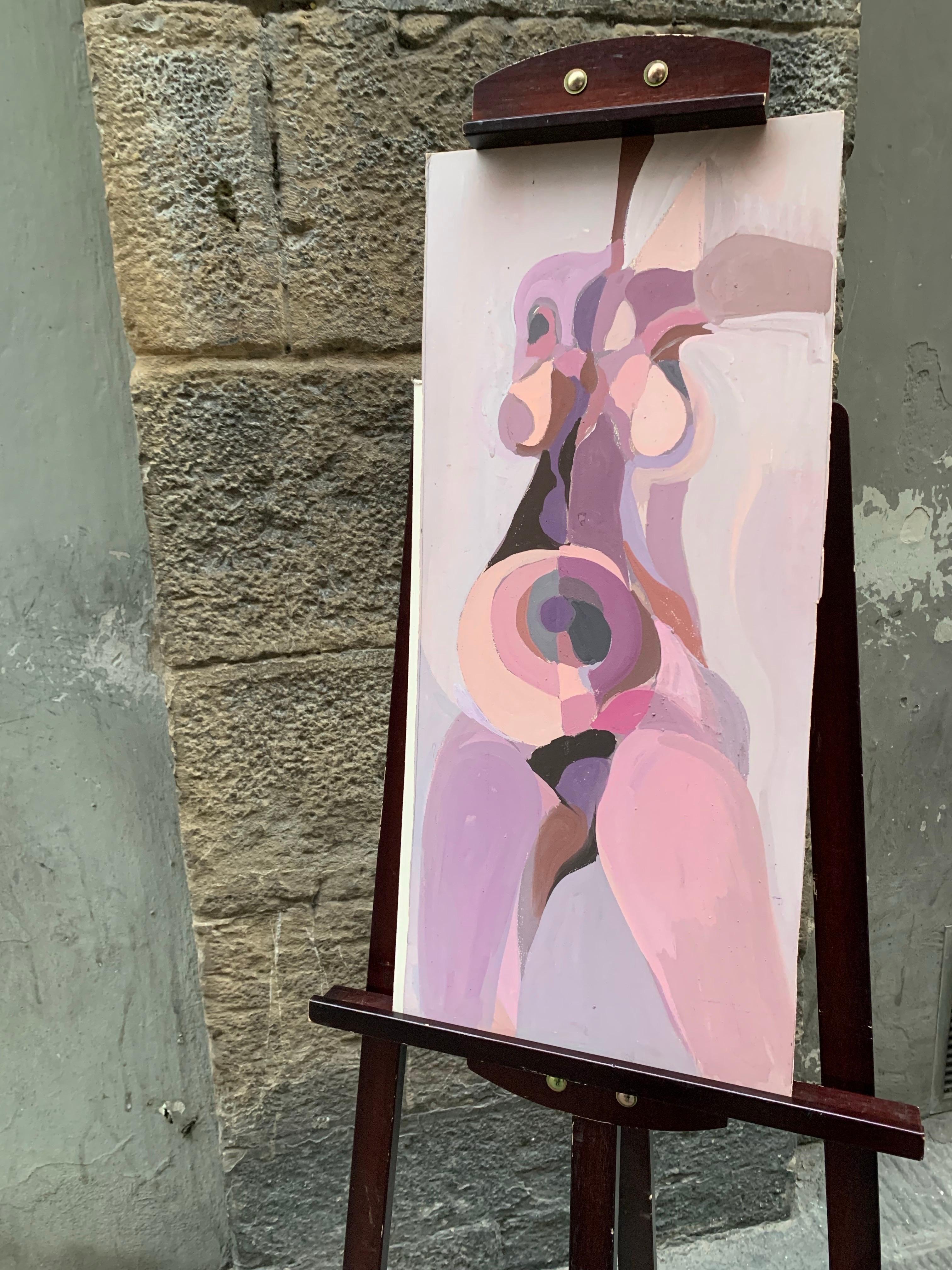 Geometrischer weiblicher Akt in Rosa und Mauve - um 1970
Medium: Tempera auf Karton
Abmessungen: H 65 cm x B 33 cm ungefähr.

Beschreibung:
Der weibliche Körper wird durch eine Komposition abstrakter Volumina, die durch weiche Kurven und