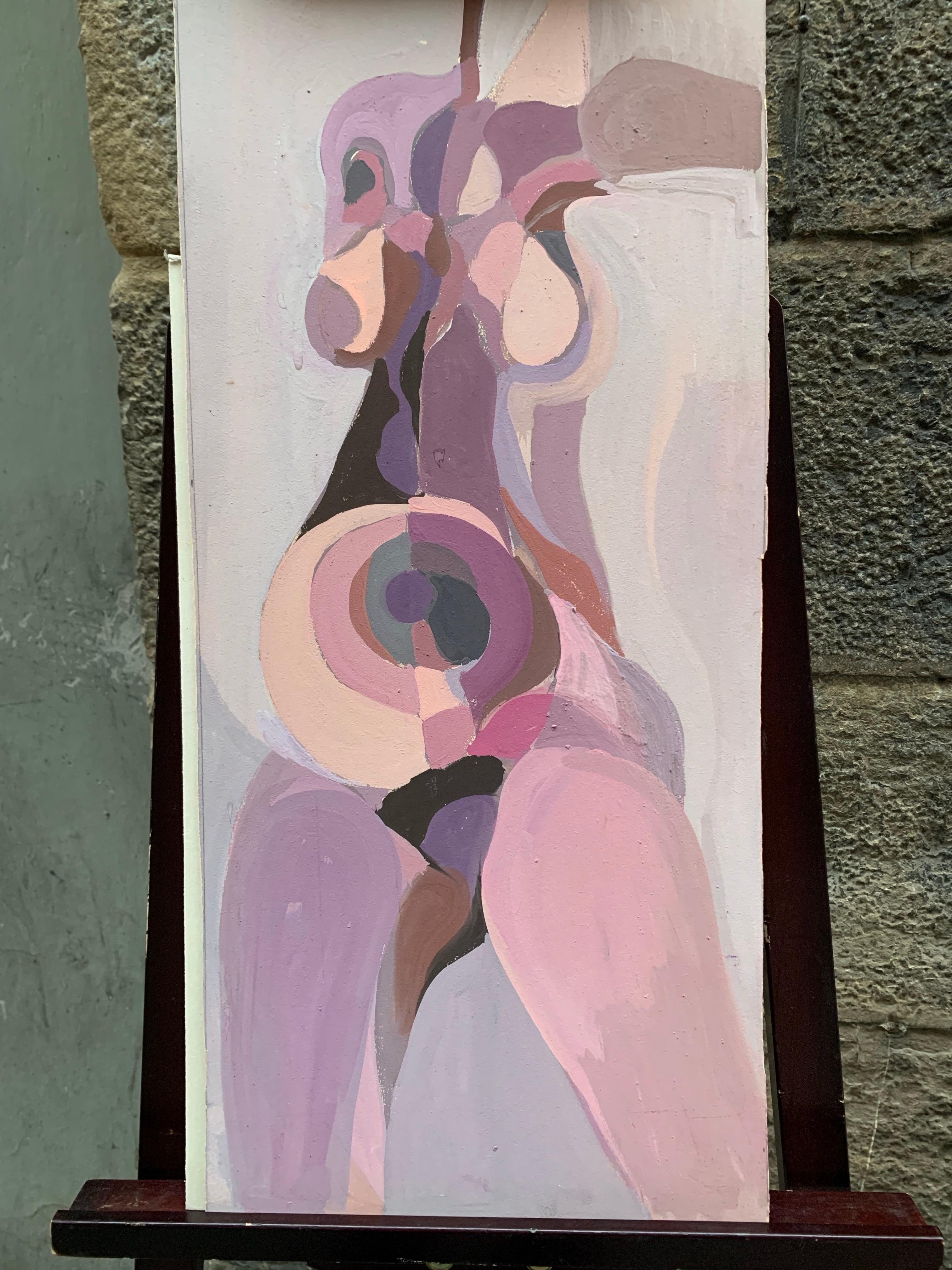 Geometrischer weiblicher Akt in Rosa und Mauve - um 1970 im Angebot 1