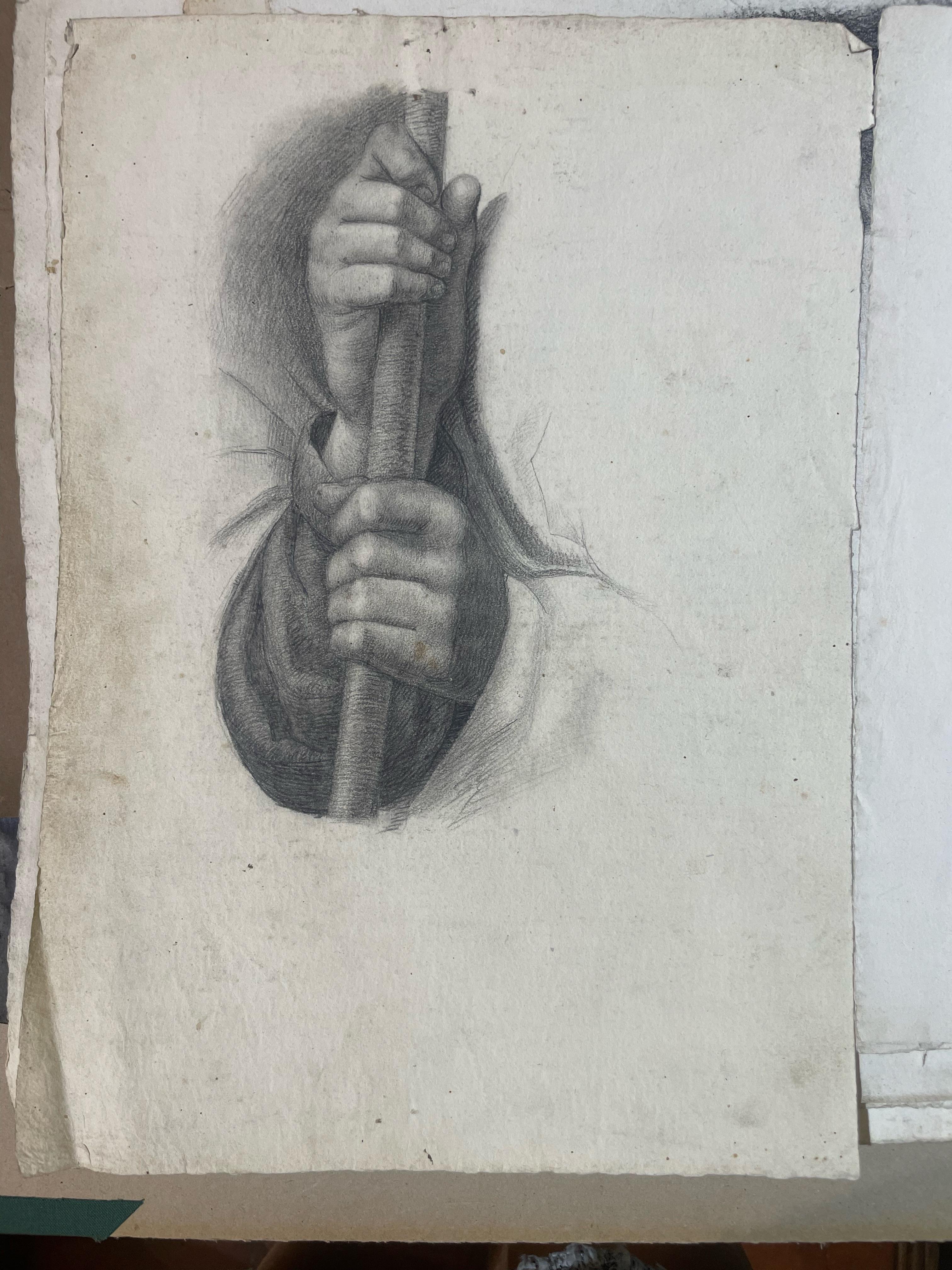 Étude académique de mains tenant un bâton, école toscane, 32 × 23 cm - Académique Art par Unknown