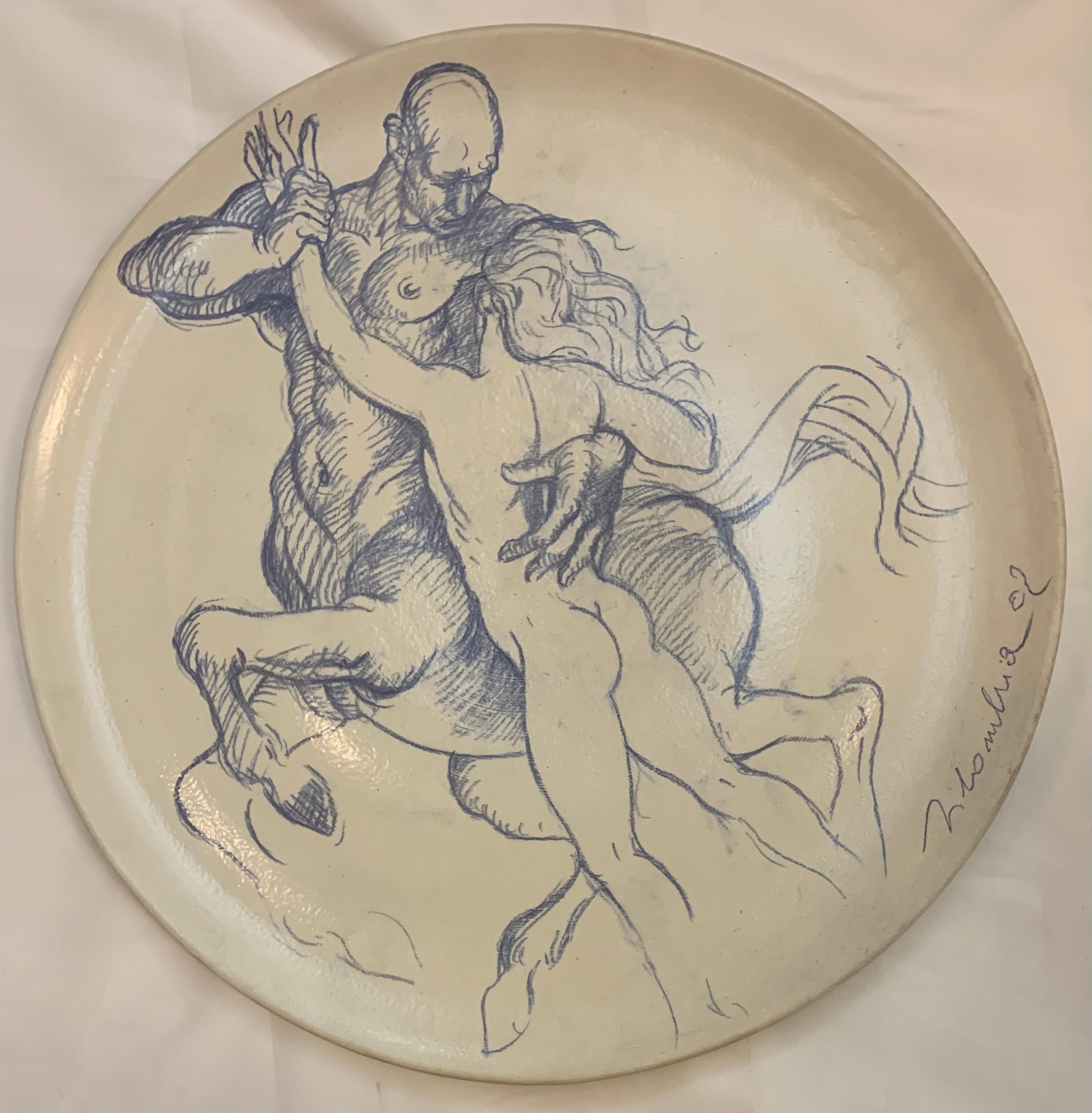 Dancing with Centaur or Achilles and Centaur Chiron.
Hand signed Silombria 2002
Created in 2002. Unique piece.
Ceramic, Made in Albissola ( Savona), atelier Ernan.
Unique hand painted large charger , 50 cm (approximately 20 inch).
Created by Italian