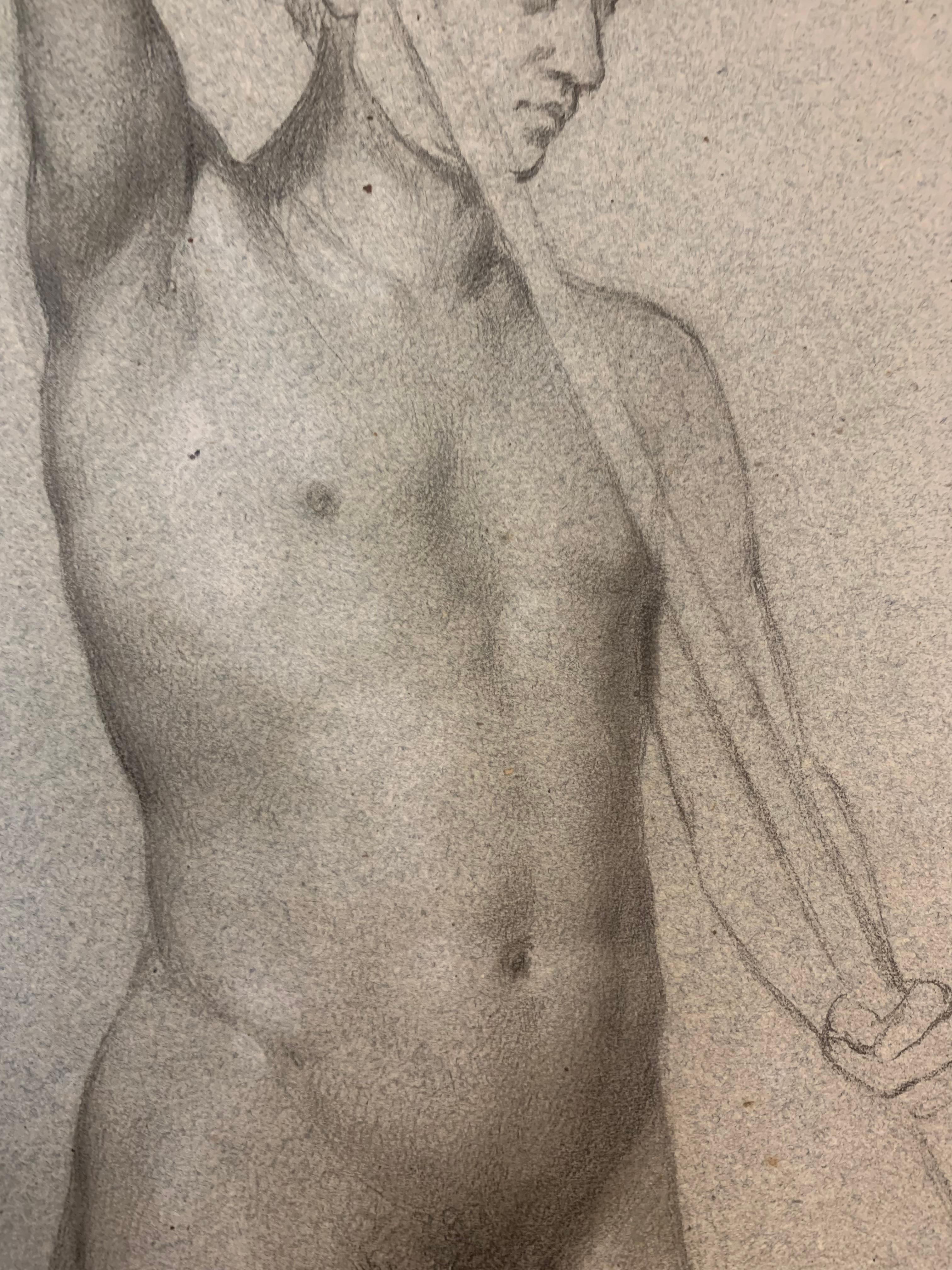 Drawing of the male nude.
Late 19th century
Drawing on lightly colored paper.
In very good condition. 

The drawing depicts a standing young man posing for an academic study of the nude.
A man has a raised hand holding a stick or a weapon in his