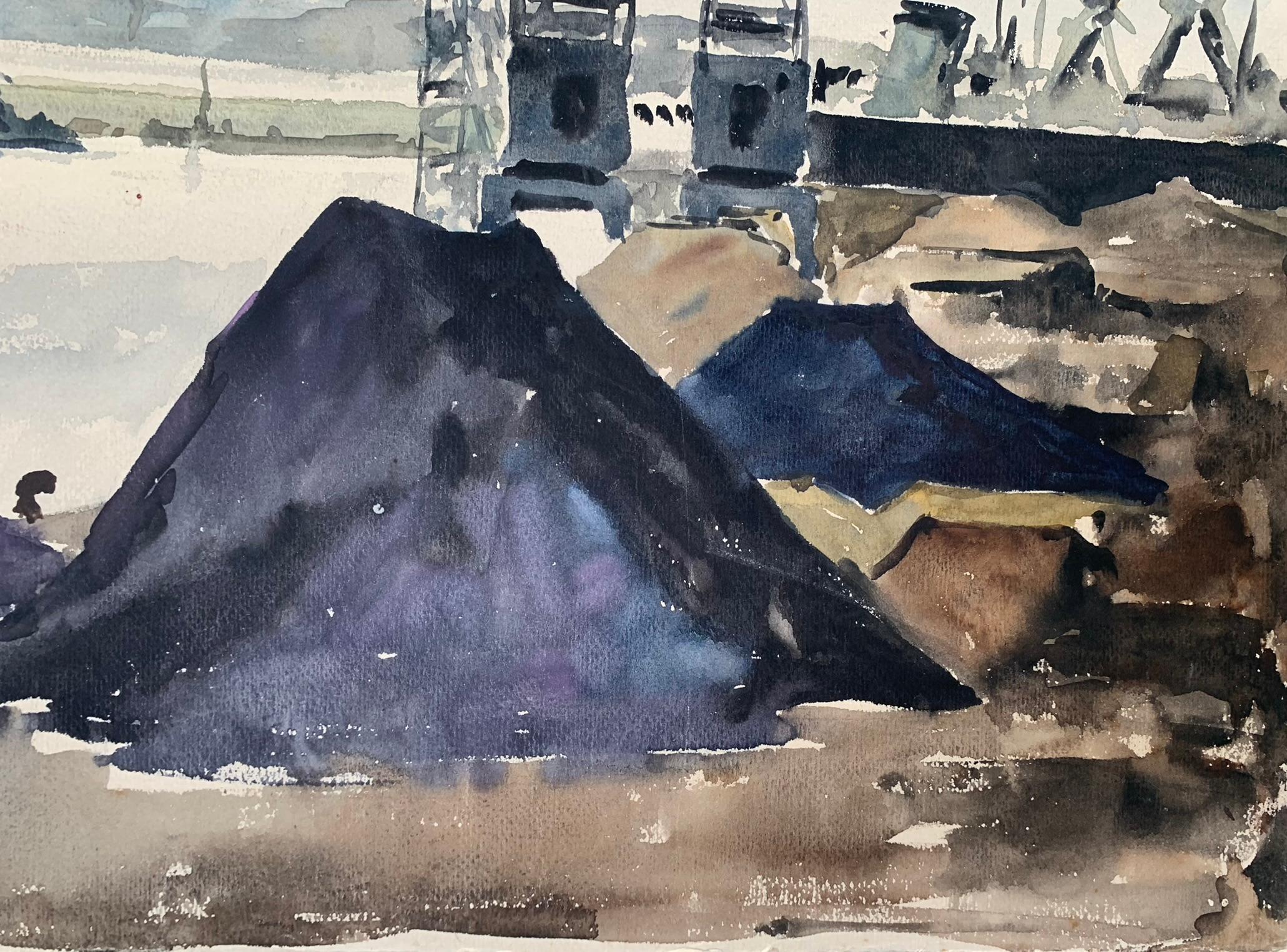 Le port de Terragon.
Aquarelle sur papier.
Vers 1940-1950.
Peint sur du papier aquarelle rugueux, Canson & Montgolfier, ancien fabricant français de papier.

La gamme chromatique est jouée dans les gris, les bleus indigo et les bruns. Ces couleurs