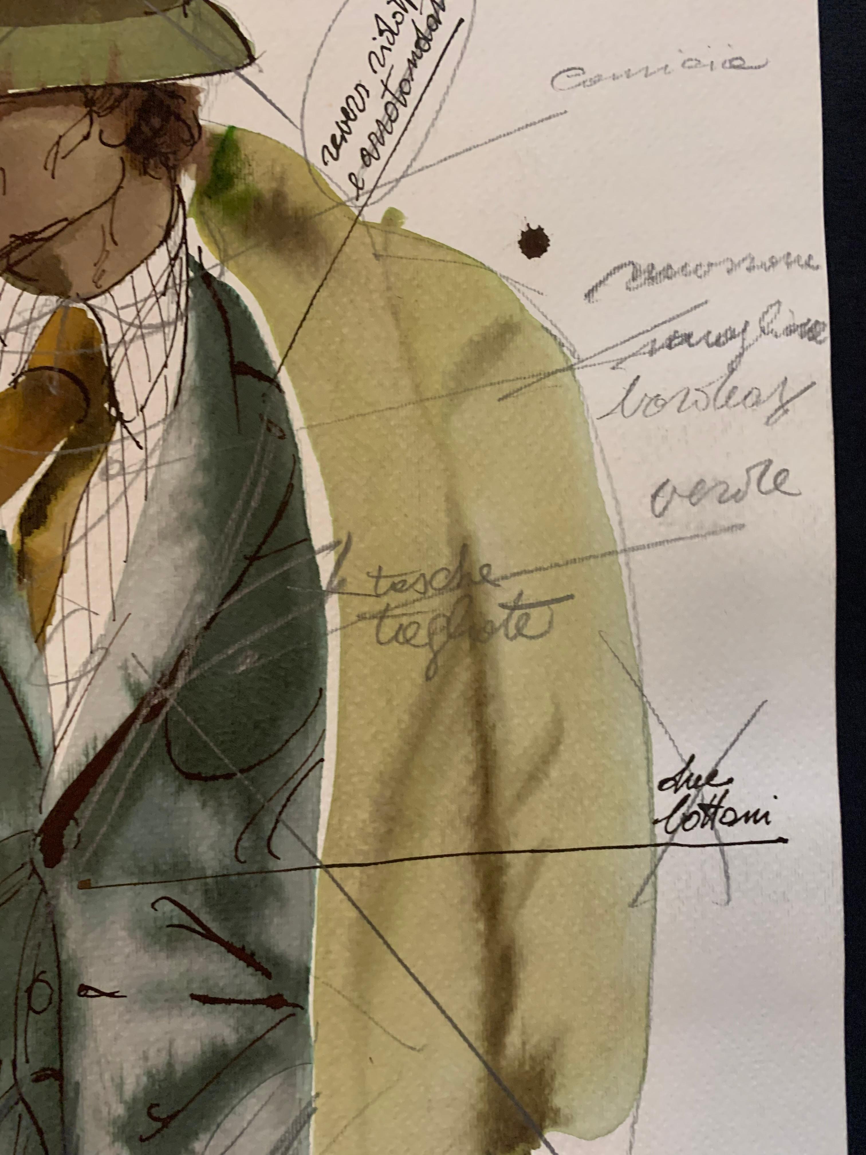 Project for advertising of a Pret-a-porter company for men. Facis.
Work by Marco Silombria (Savona, 1936 - Albissola, 2014).
Mixed media: drawing, watercolor, pen, applied to black paper support
It has numerous notes on the sides indicating the