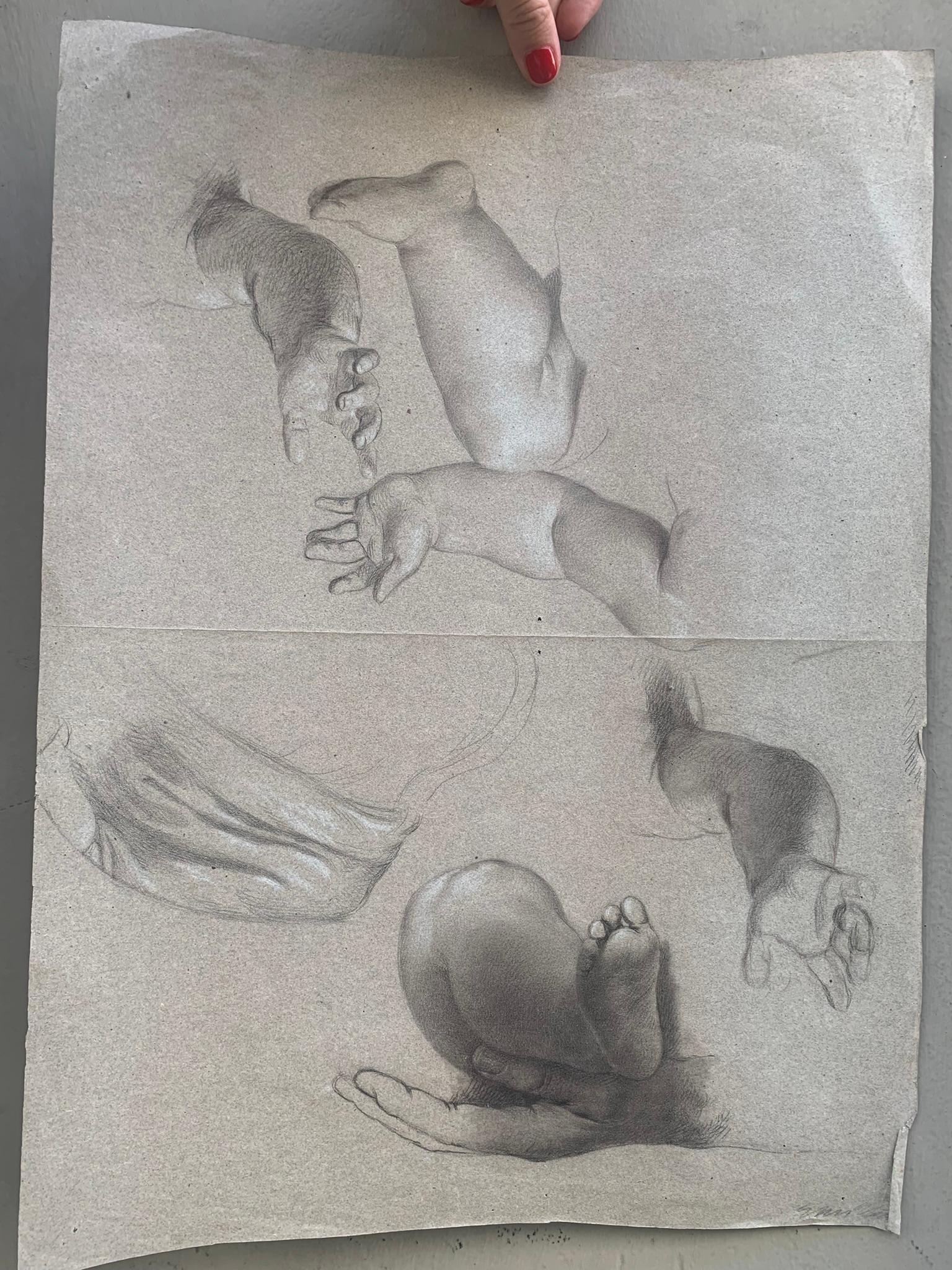 Academic study of hands and child's feet. 19th century.  9