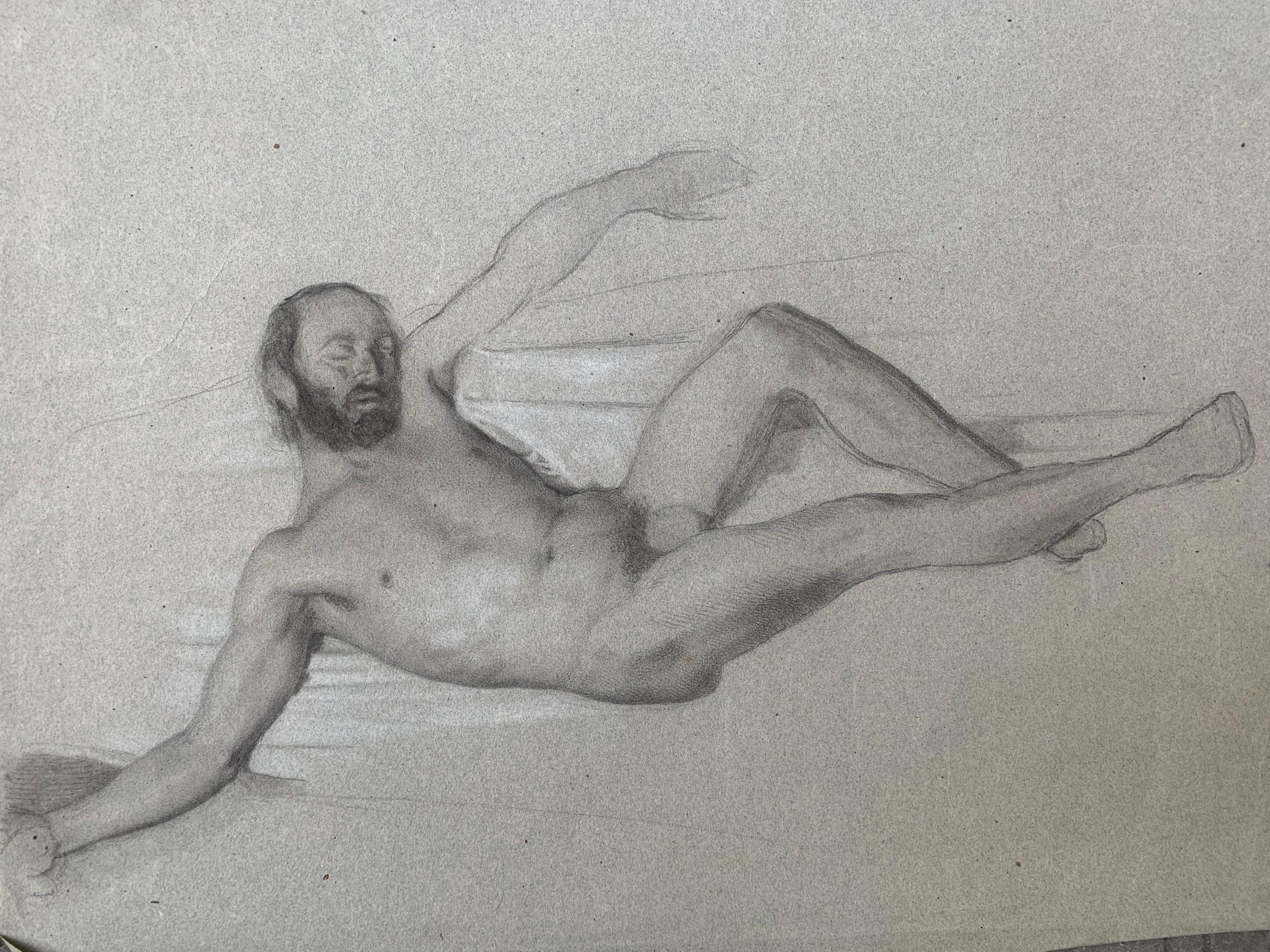 Disegno del nudo maschile.
Dal 19 ° secolo
Disegno su carta leggermente colorata.
In buone condizioni.
Il disegno rappresenta un uomo sdraiato, che si abbandona al sonno.
In una posa libera, che ricorda la scultura classica di un satiro