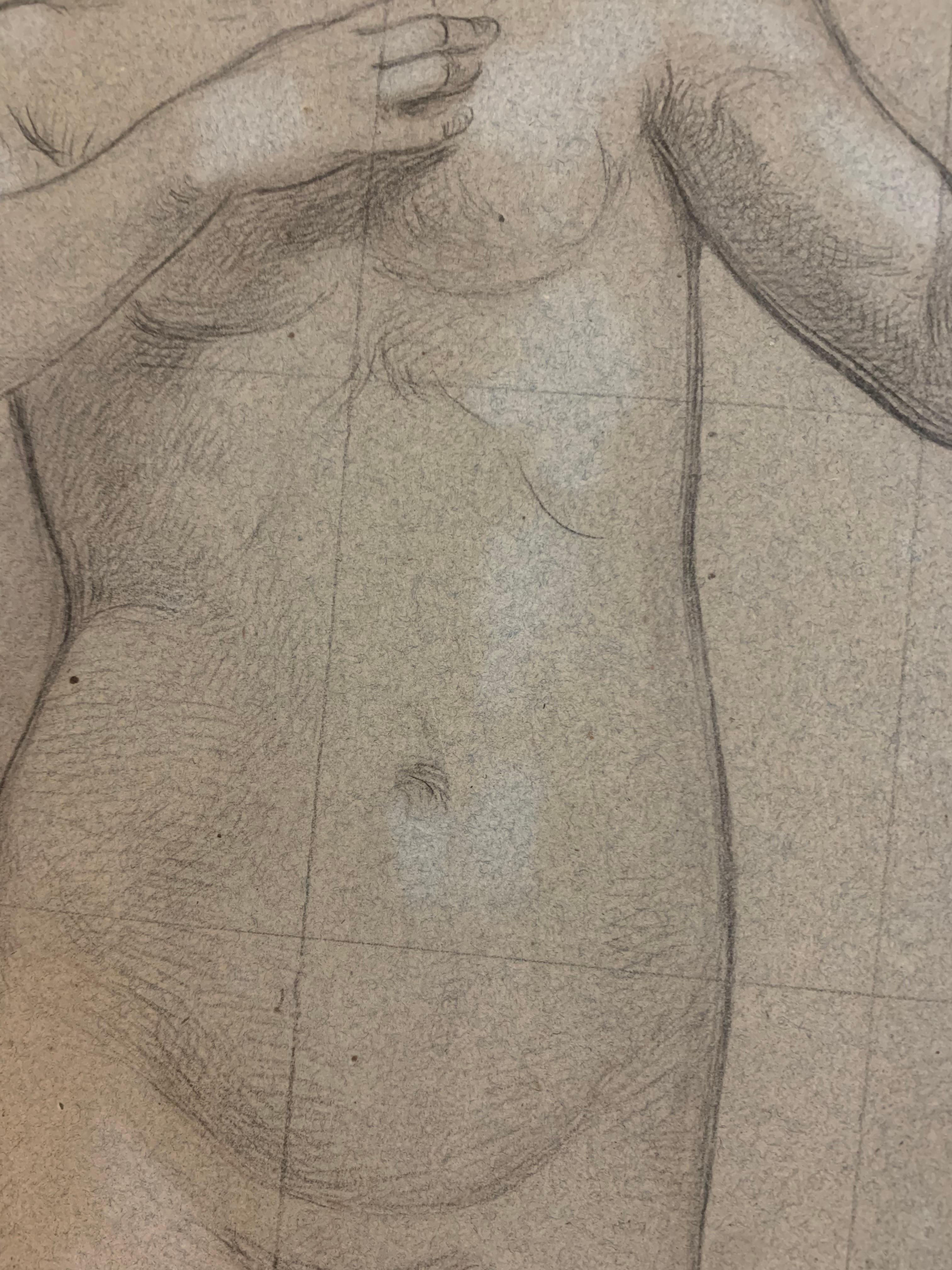Eine große Skizzenstudie einer weiblichen Figur.
19. Jahrhundert.
Die junge Frau ist nackt abgebildet, ihre Hand scheint die Aufmerksamkeit auf sich zu ziehen.
Die Figur wird in eine Nische eingesetzt. Große Zeichnung auf leicht koloriertem Papier.
