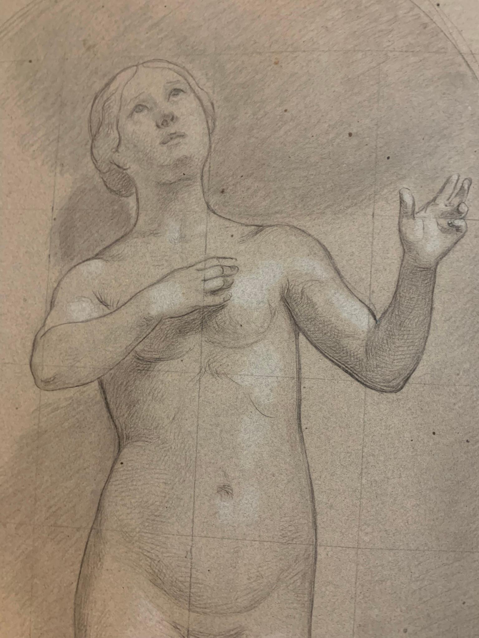 Akademische Zeichnung. Eine große Skizzenstudie einer weiblichen Figur. 19. Jahrhundert. 7