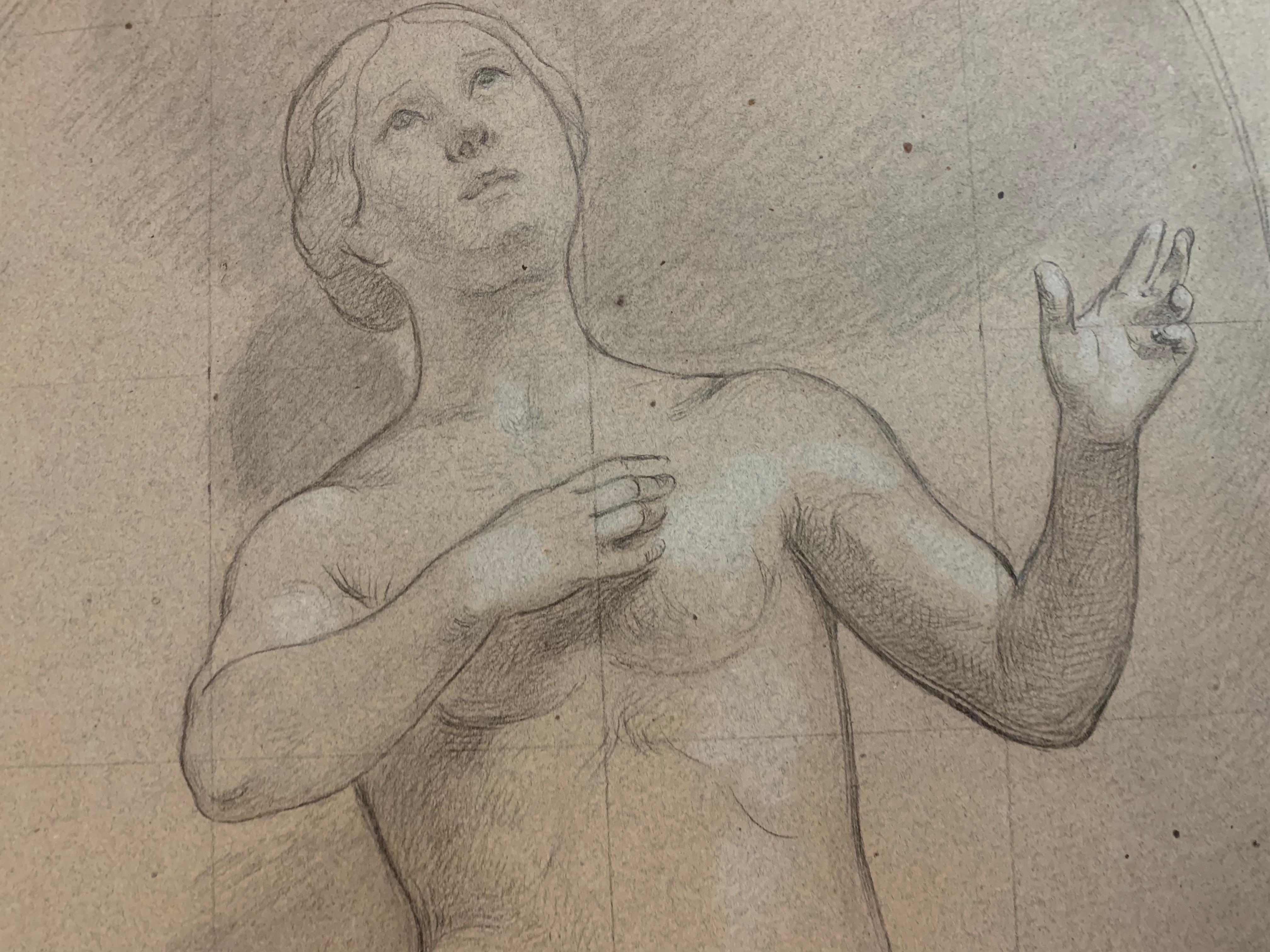Akademische Zeichnung. Eine große Skizzenstudie einer weiblichen Figur. 19. Jahrhundert. 9