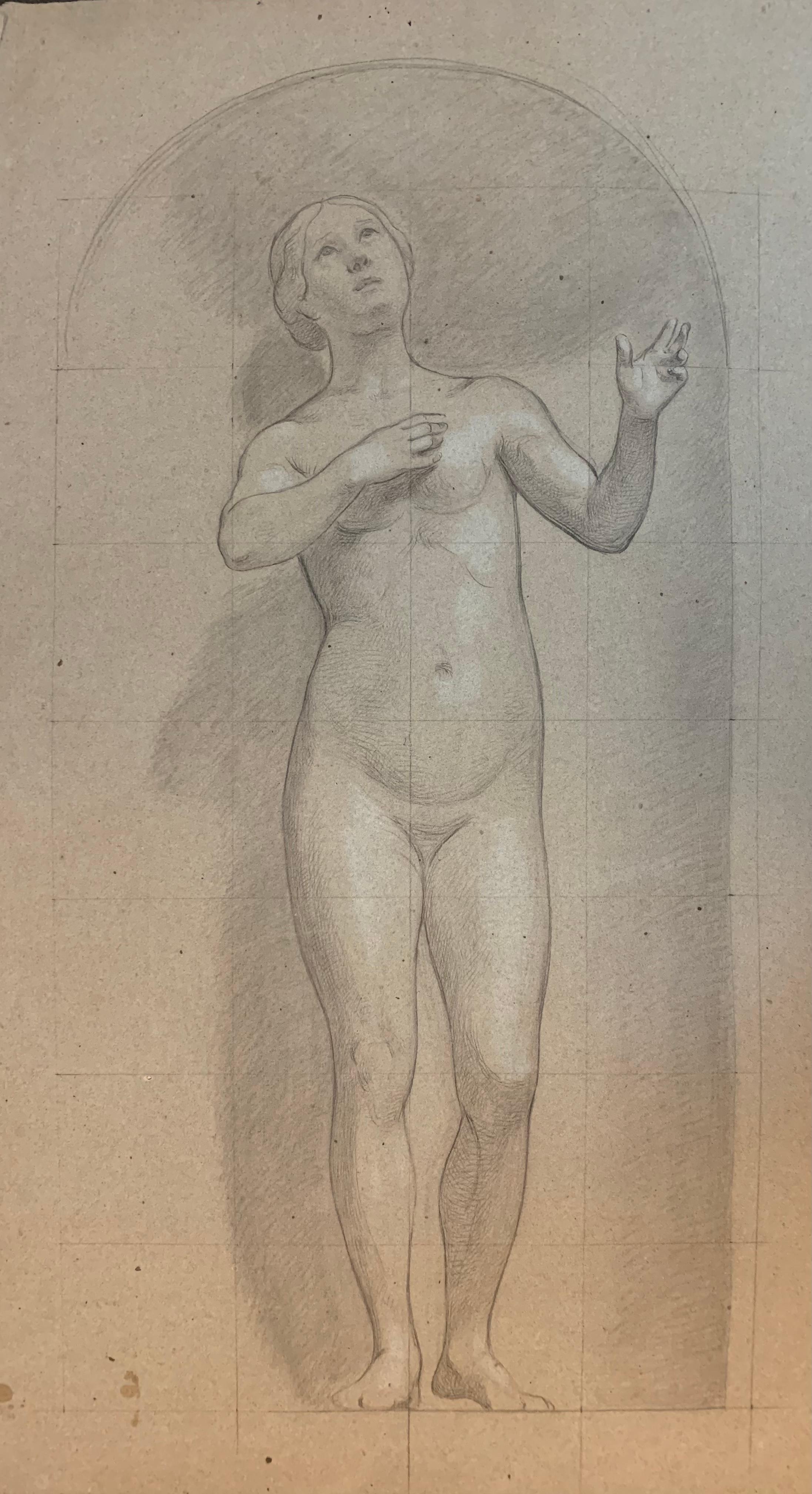 Disegno accademico. Un grande bozzetto - studio di figura femminile. XIX secolo. 10
