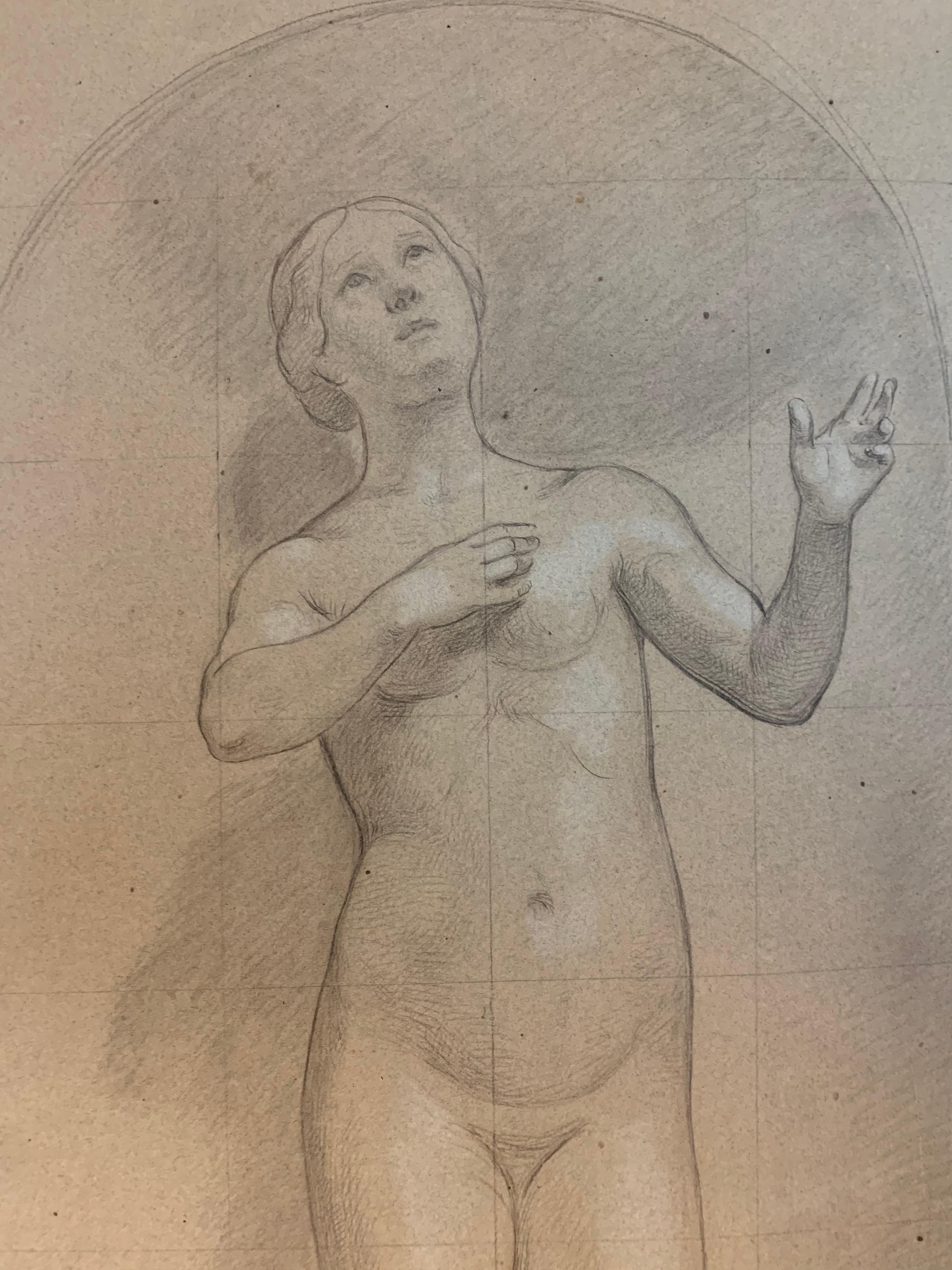 Akademische Zeichnung. Eine große Skizzenstudie einer weiblichen Figur. 19. Jahrhundert. 10