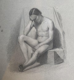Antique Academic Drawing. Figure Study of Young Sitting Nude Man. 19th Century.