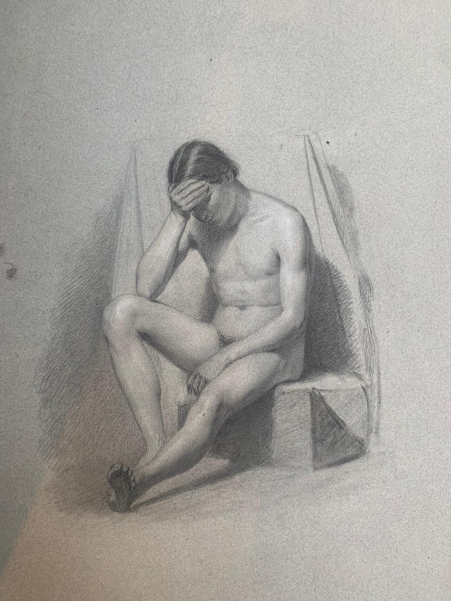 Charcoal drawing on light gray-blue colored paper.
The drawing depicts a young man sitting with the
hand on forehead. the position is probably meant to express the feeling of regret, or sadness.
In the academic preparation of painters, drawing
