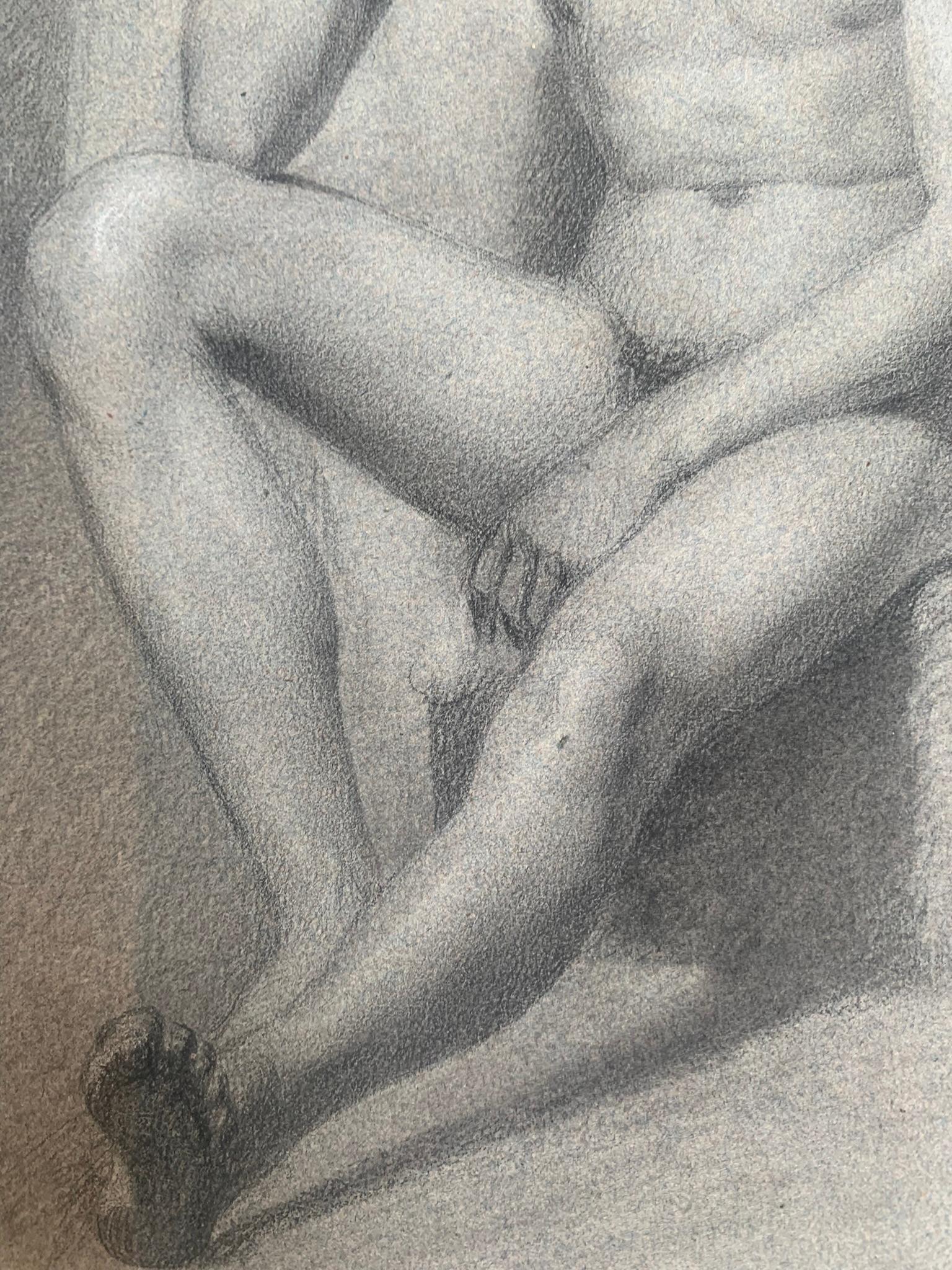 Akademisches Zeichnen. Figurenstudie eines sitzenden nackten jungen Mannes. 19. Jahrhundert. im Angebot 1