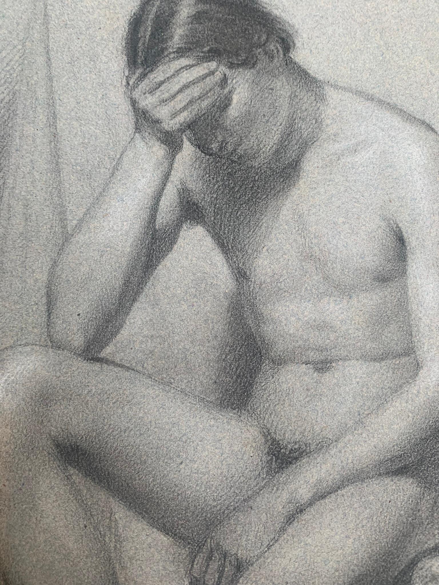 Dessin académique. Étude de figure d'un jeune homme nu assis. 19ème siècle. en vente 1