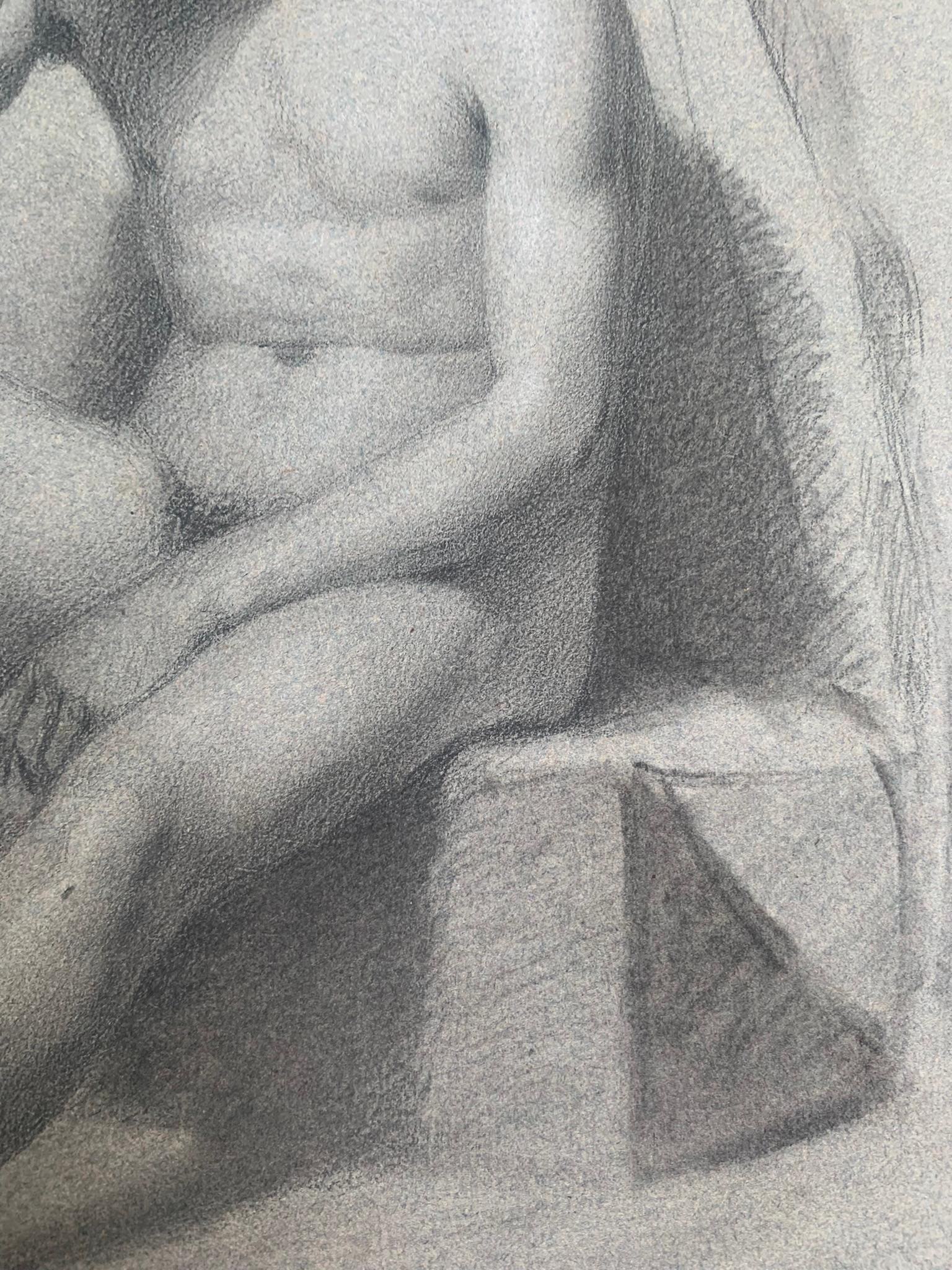 Dessin académique. Étude de figure d'un jeune homme nu assis. 19ème siècle. en vente 2