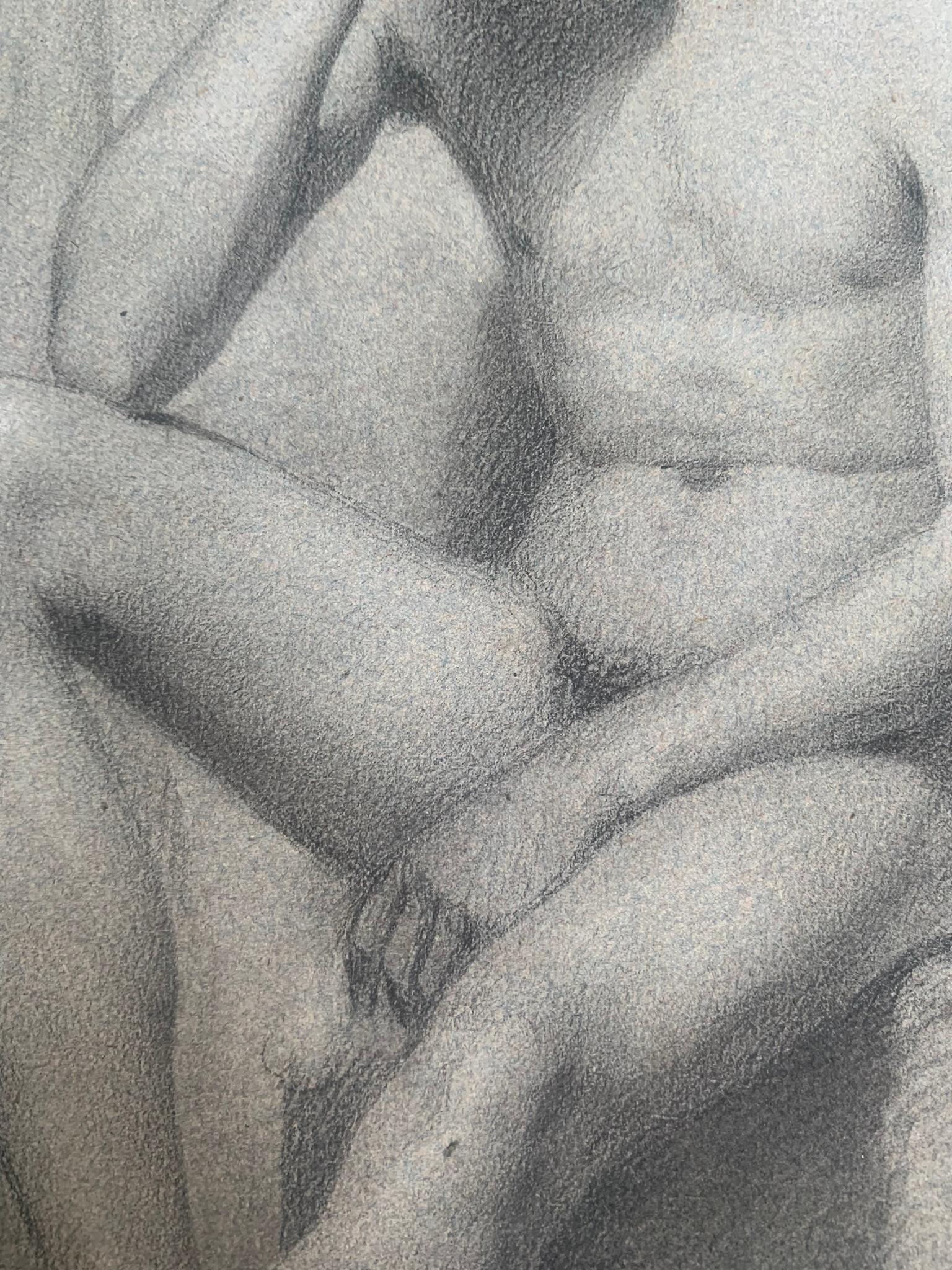 Akademisches Zeichnen. Figurenstudie eines sitzenden nackten jungen Mannes. 19. Jahrhundert. im Angebot 4