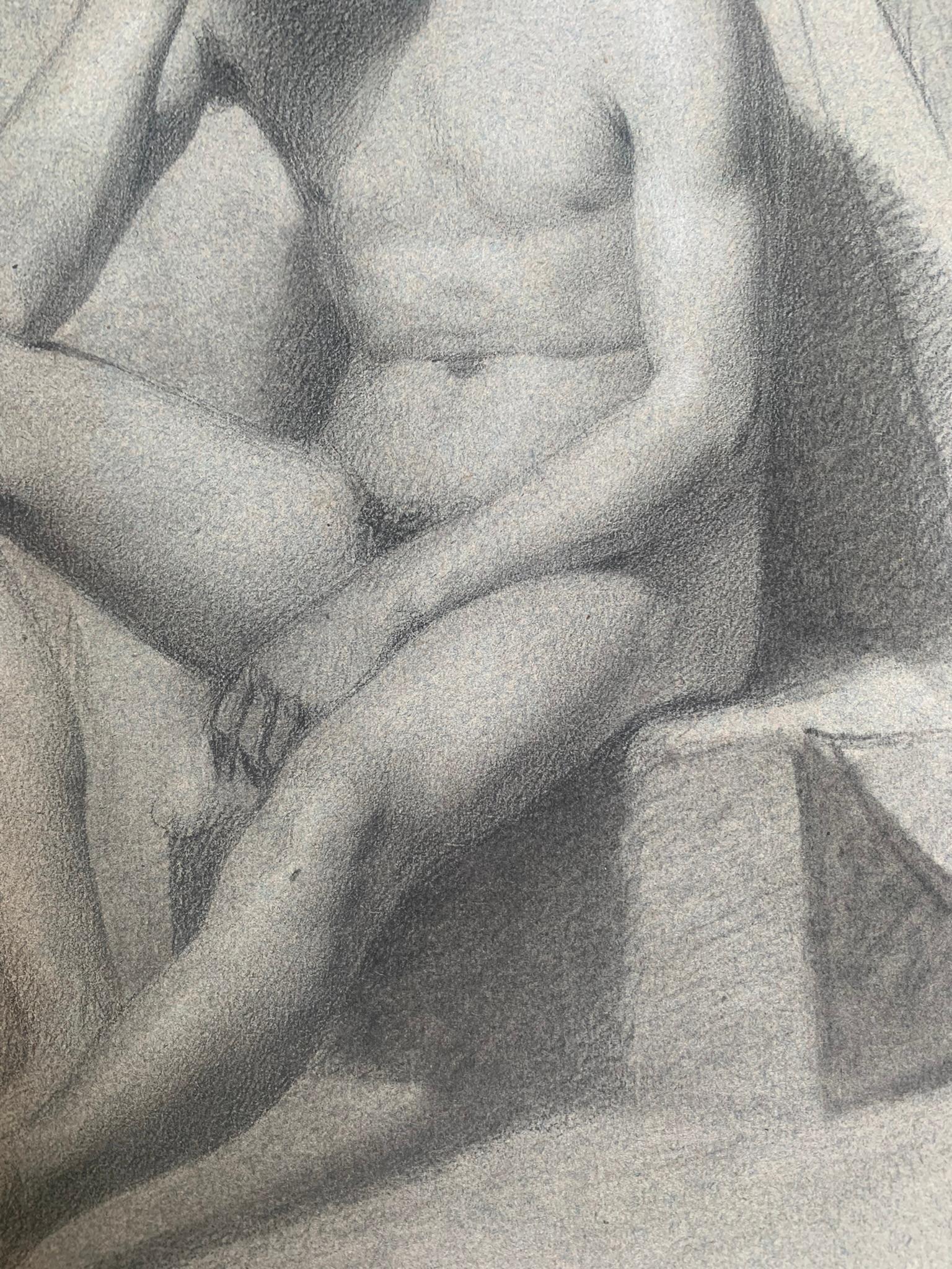 Dessin académique. Étude de figure d'un jeune homme nu assis. 19ème siècle. - Académique Art par Unknown