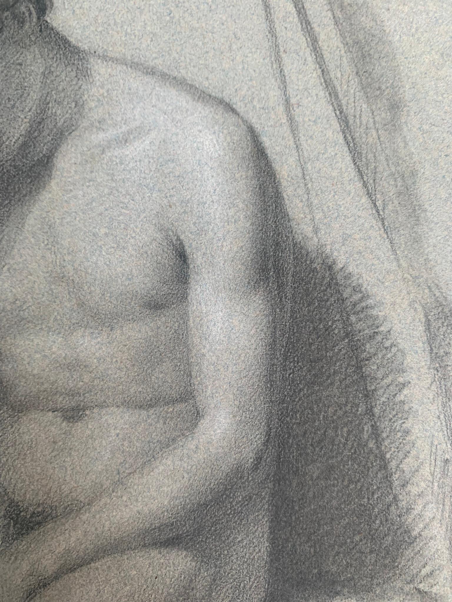 Akademisches Zeichnen. Figurenstudie eines sitzenden nackten jungen Mannes. 19. Jahrhundert. im Angebot 7