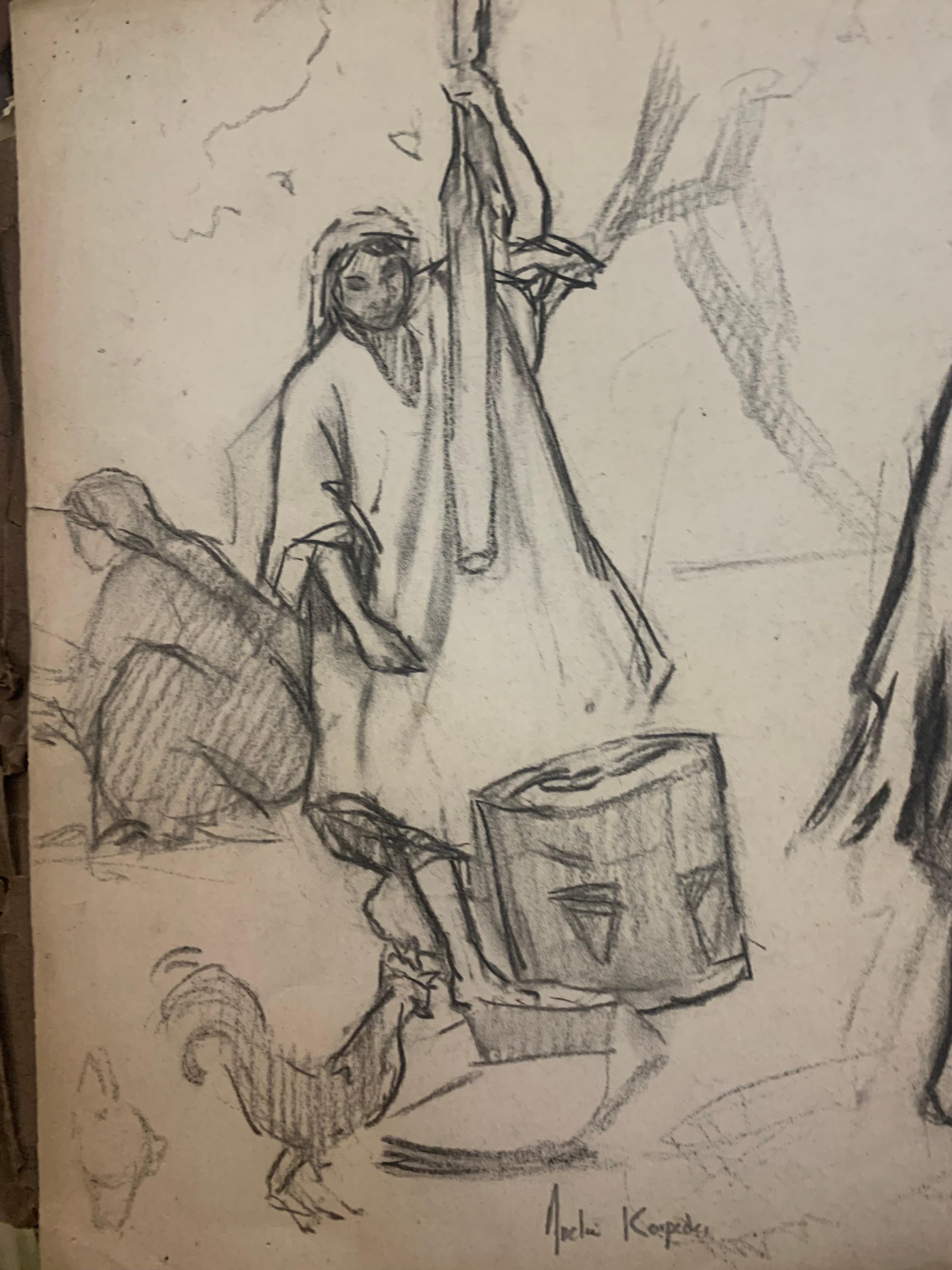 Die Frauen des östlichen Dorfes.

Andrée Karpelès (Paris, 1885 - Grasse, 1956).

Eine Kohlezeichnung auf Papier vom Anfang des 20. Jahrhunderts, die 3 Bäuerinnen in lockerer Kleidung und mit Kopftuch bei der Arbeit darstellt. Die Stilisierung der