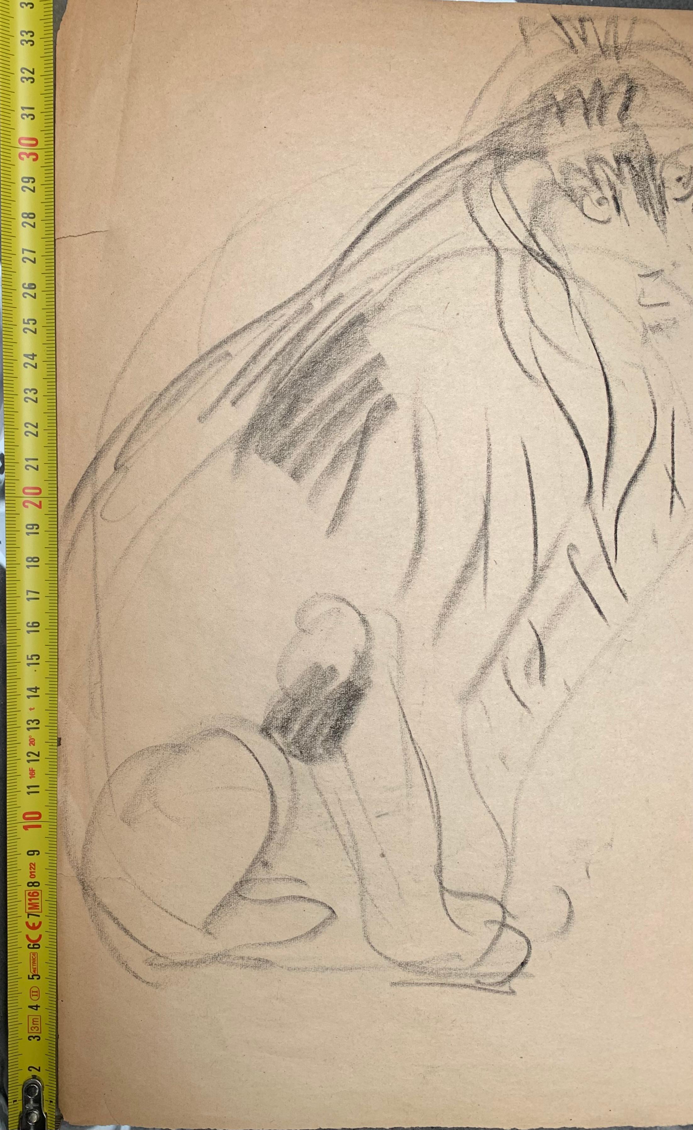 Authentic drawing from the early 20th century by the well-known French painter Gustave Guetant  (1873-1953).
Technique: pencil and charcoal on paper.
Bottom right stamp: ATELIER GUETANT.
Drawing on two sides of the paper: 
A pair of panthers is
