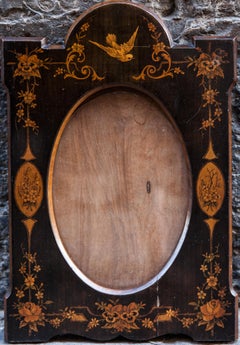 Antique Wooden Frame And Inlay With A Swallow, Purple Pansy Flowers. Late 19th Century.