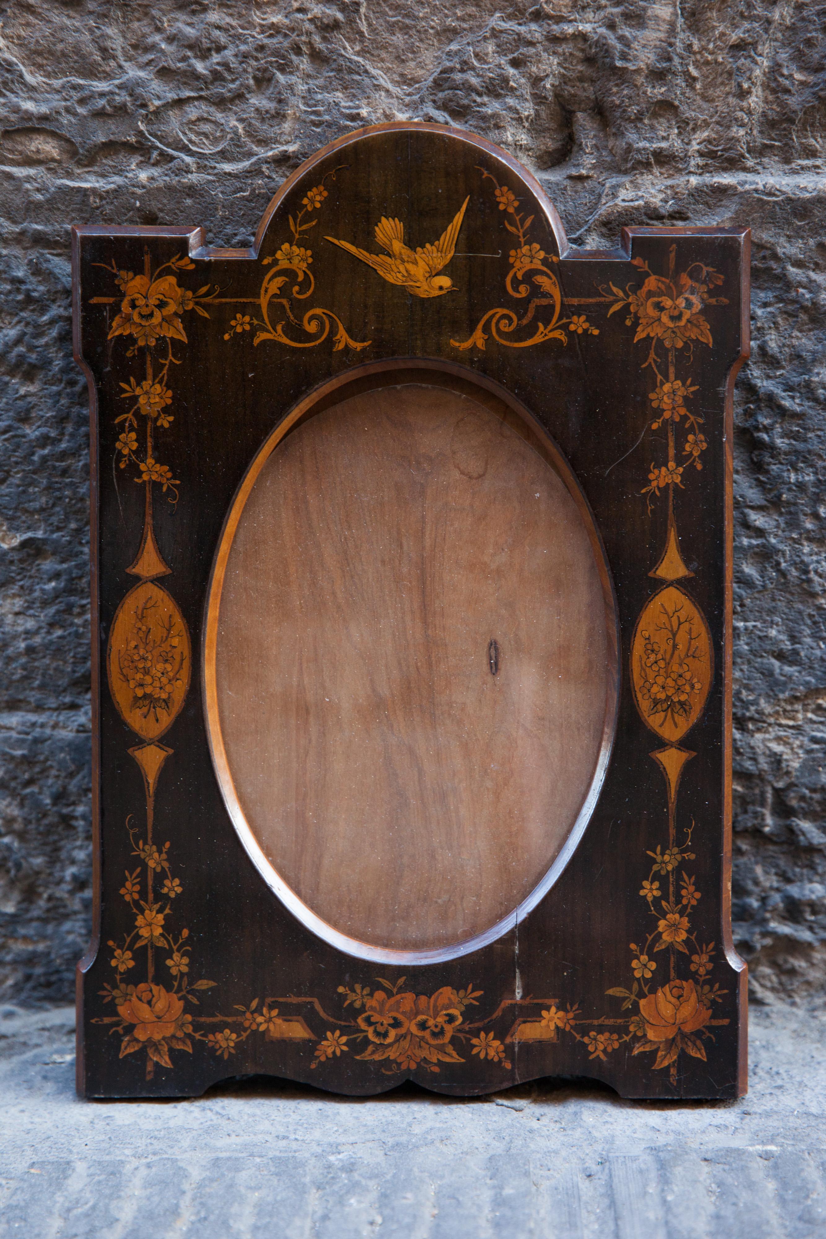 Wooden Frame And Inlay With A Swallow, Purple Pansy Flowers. Late 19th Century. For Sale 5