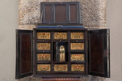 Antique Very rare Collector's Cabinet, Antwerp, 17th century. Embroidered panels