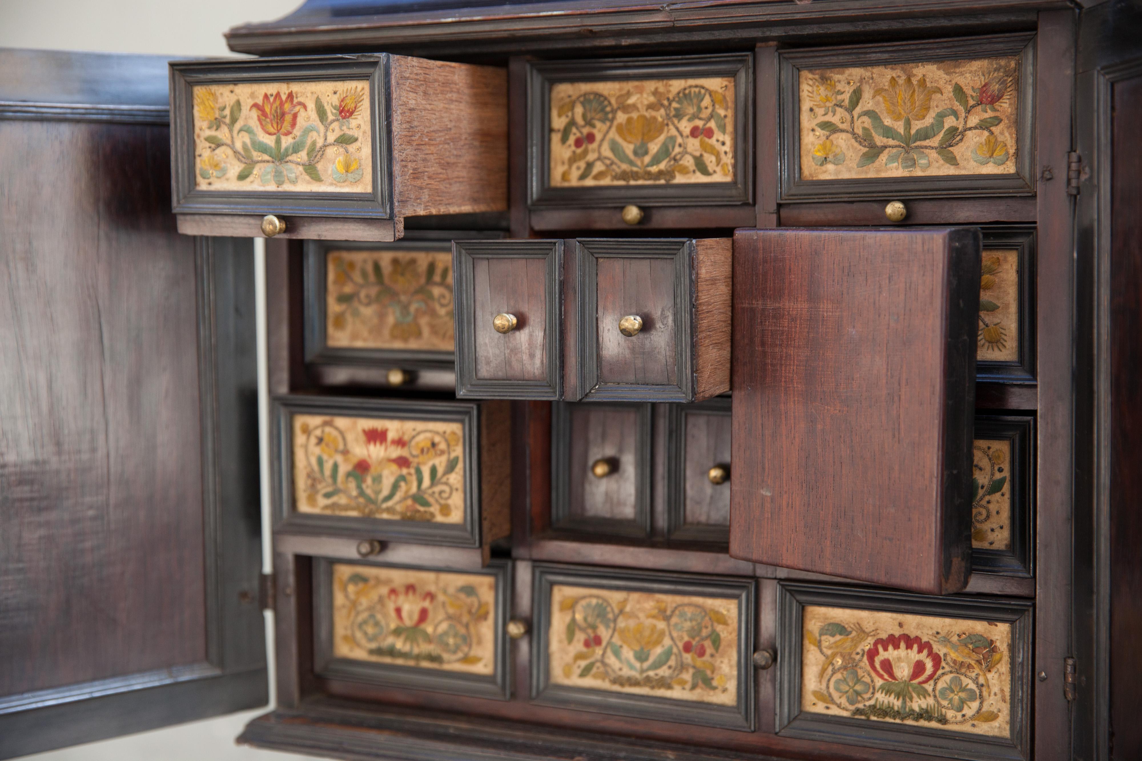 Very rare Collector's Cabinet, Antwerp, 17th century. Embroidered panels For Sale 9