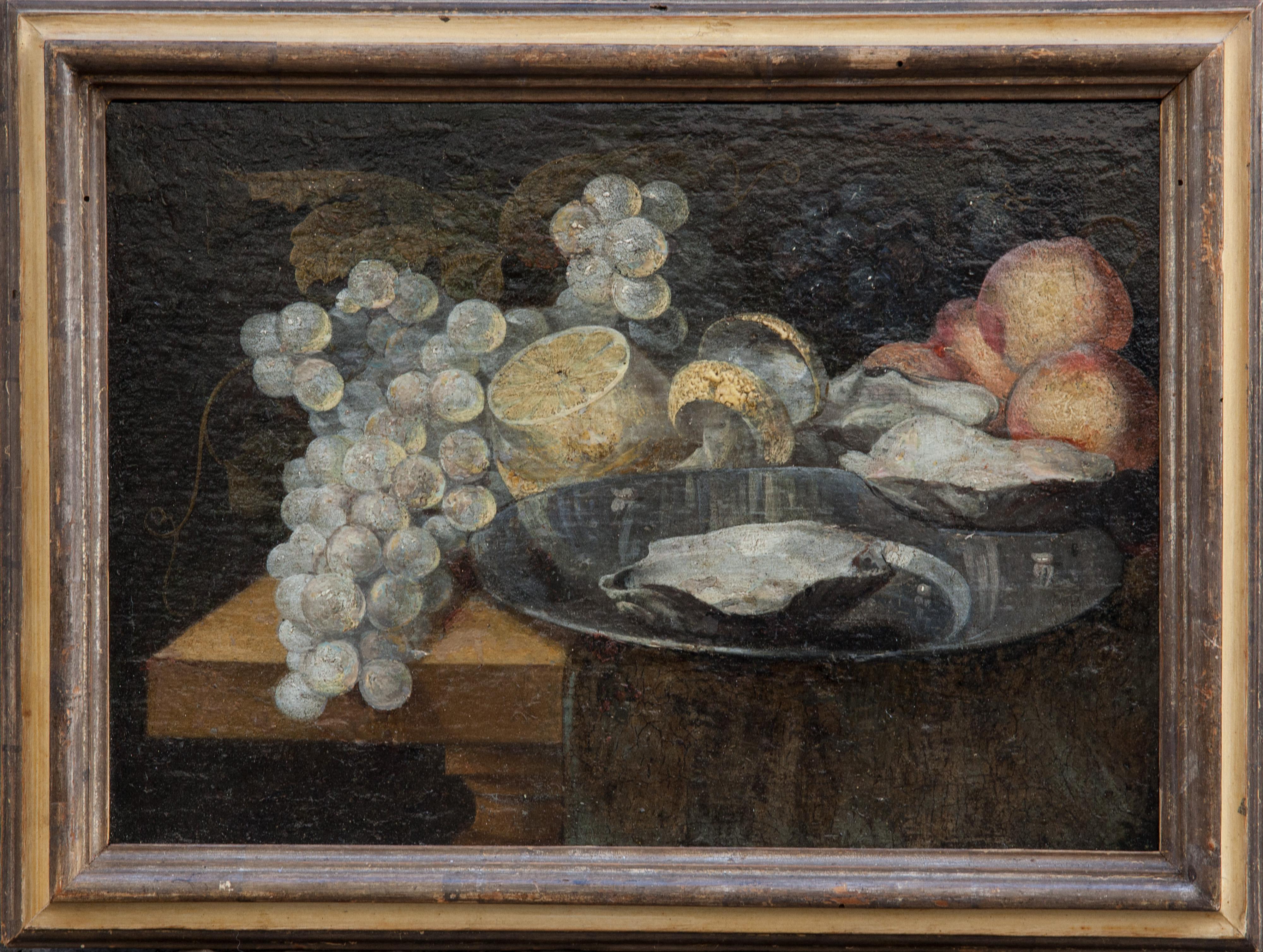 Natura morta con uva, ostriche, limone. Circa 1700. 