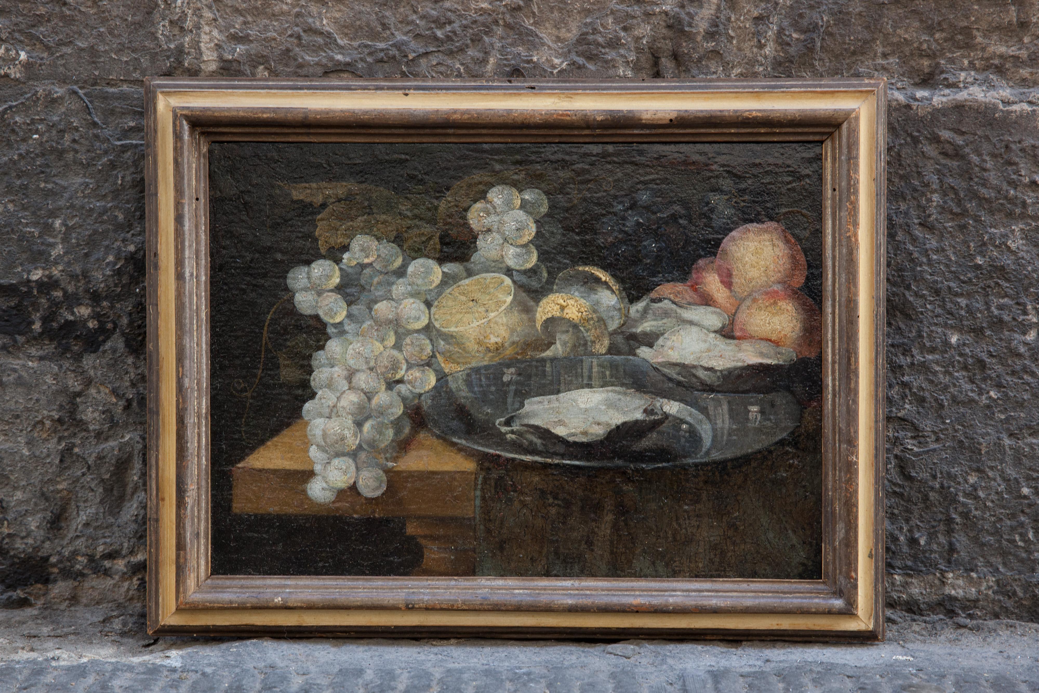 Natura morta con uva, ostriche, limone. Circa 1700.  - Painting by Unknown