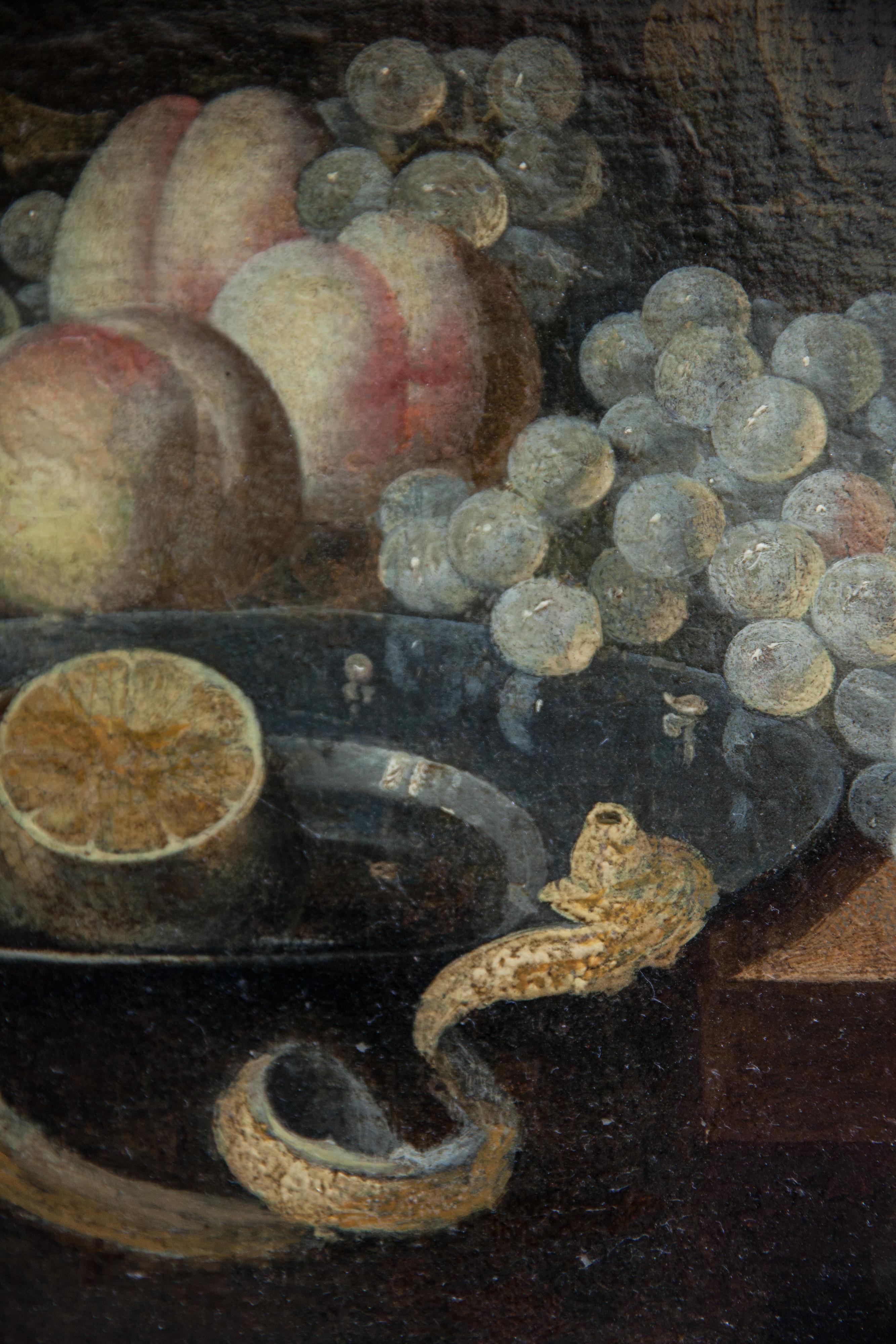 Still life of lemon upon a pewter dish, oysters, grapes, and 3 peaches.  - Dutch School Painting by Unknown