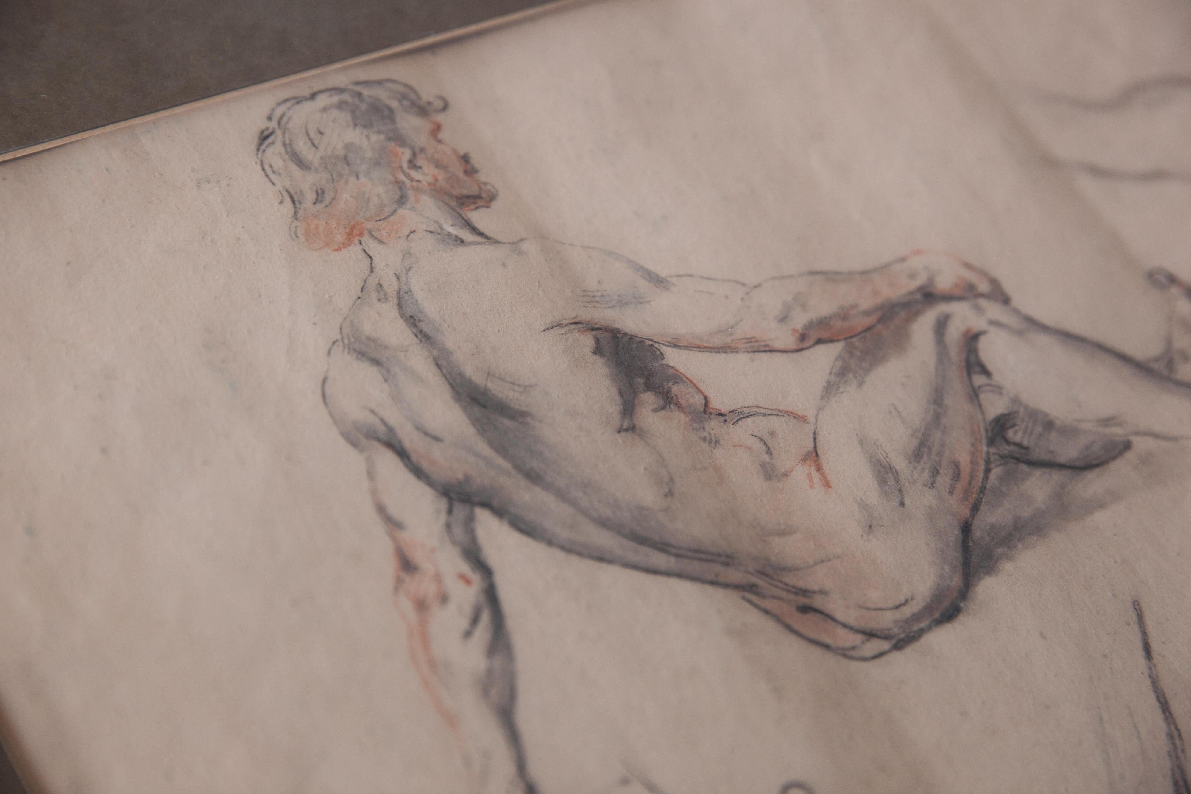 Anatomical study of the seated athletic man and his hands. 19th century 1