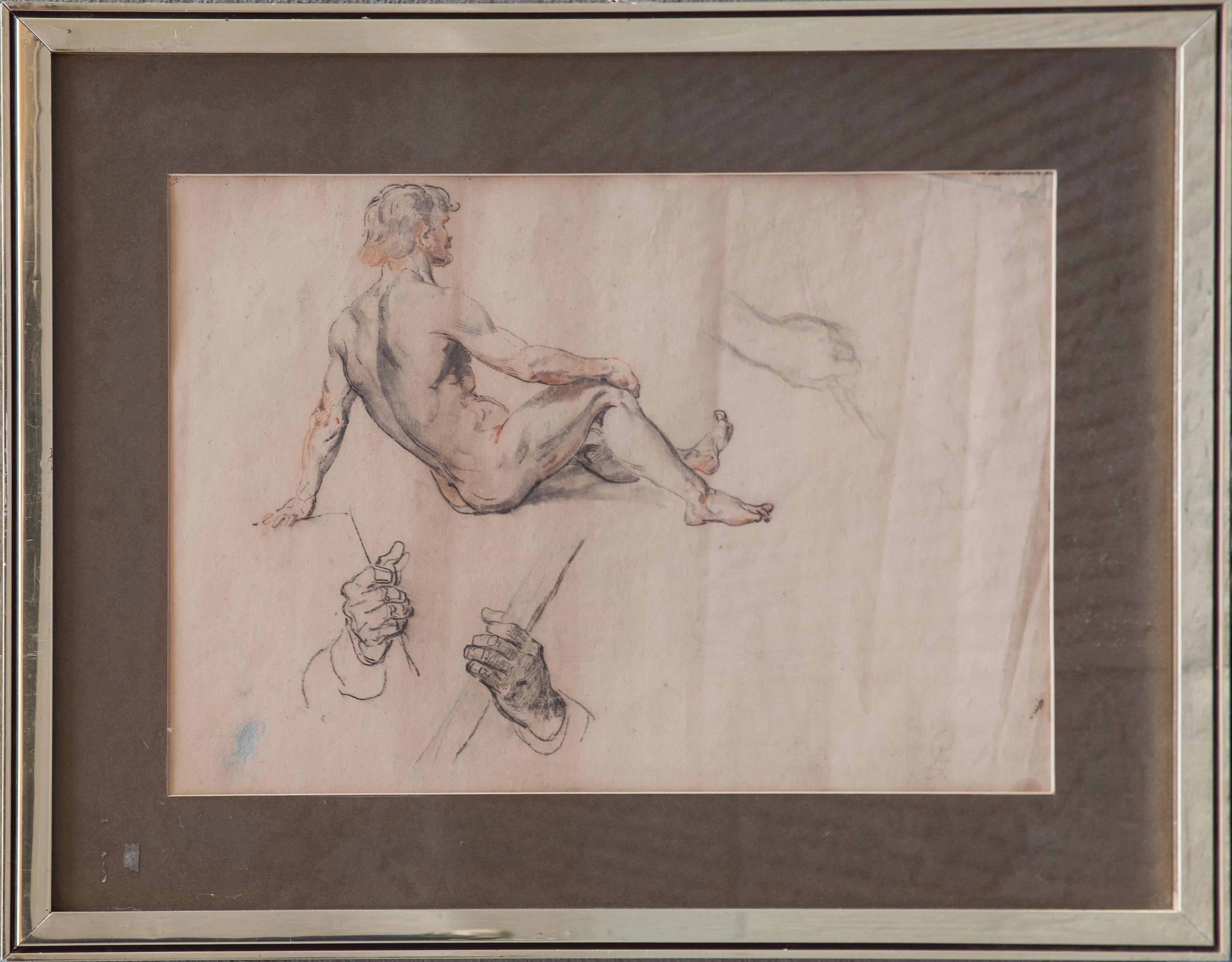 Unknown Nude - Anatomical study of the seated athletic man and his hands. 19th century